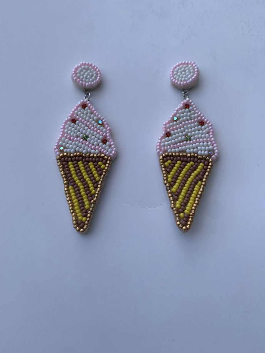 Beaded ice cream cone earrings with pink and white scoop, crystal sprinkles, and striped brown waffle cone.