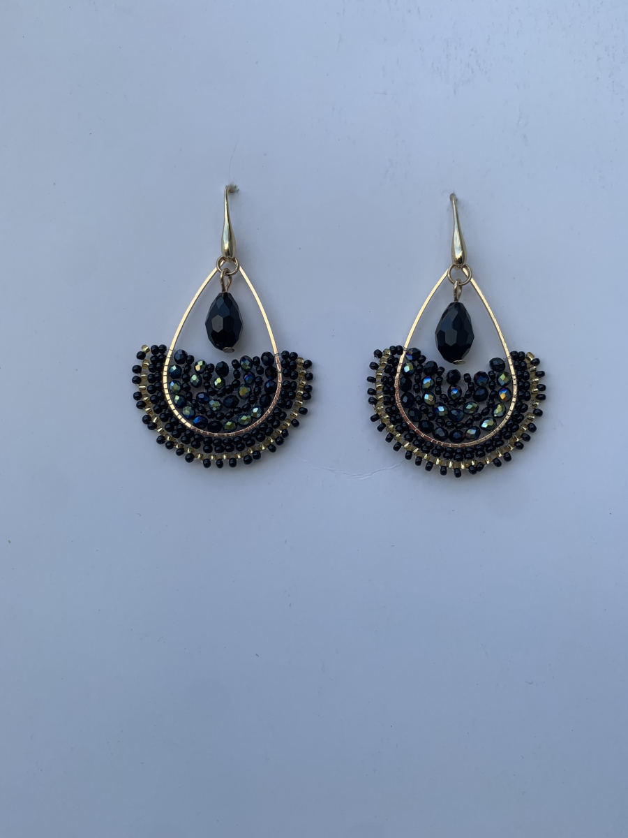 Fan-shaped open teardrop hoop earrings filled with iridescent black crystals, single faceted briolette drop at point, wire hook.