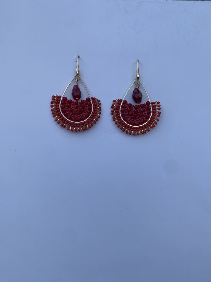 Fan-shaped open teardrop hoop earrings in deep crimson crystals with single briolette drop at point, gold wire hook.