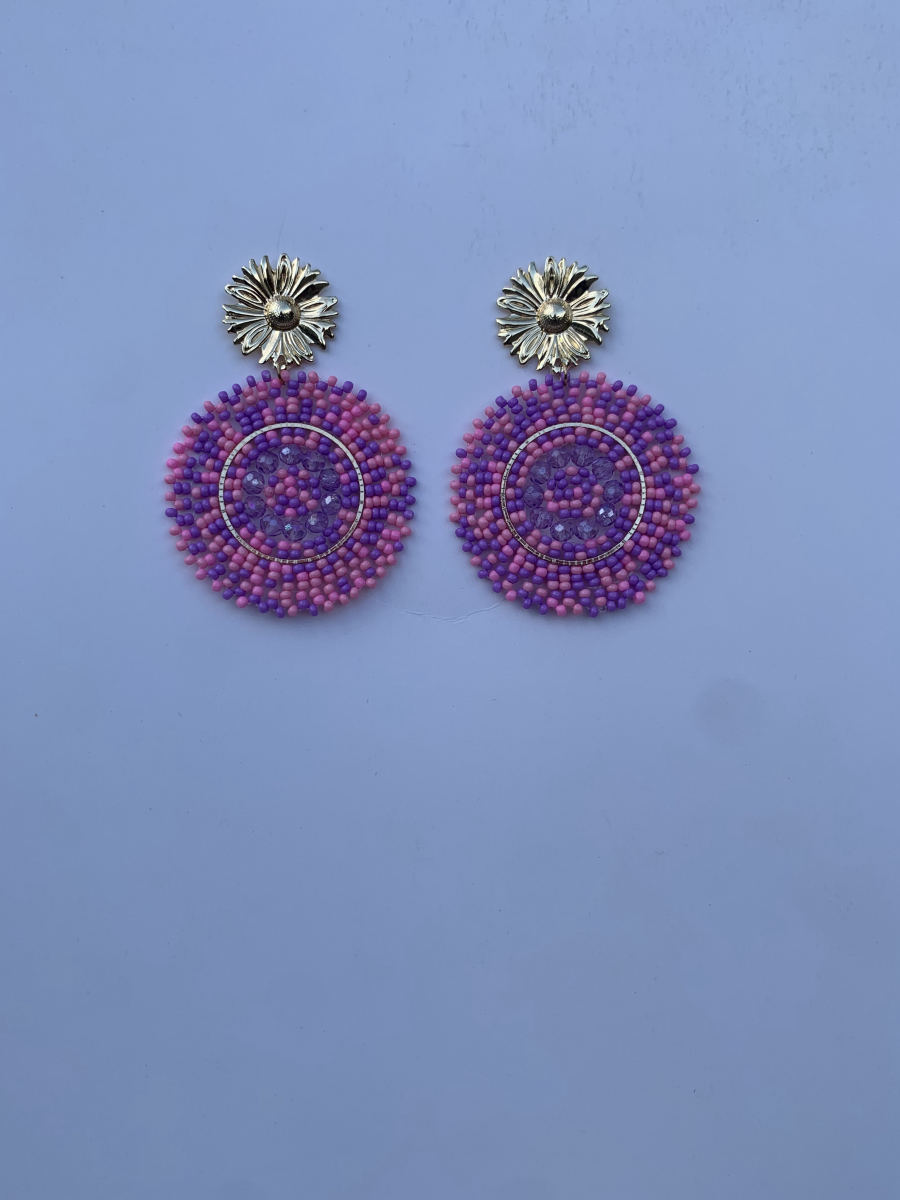 Large round disc earrings with concentric rings of purple and pink seed beads and silver daisy flower stud top.
