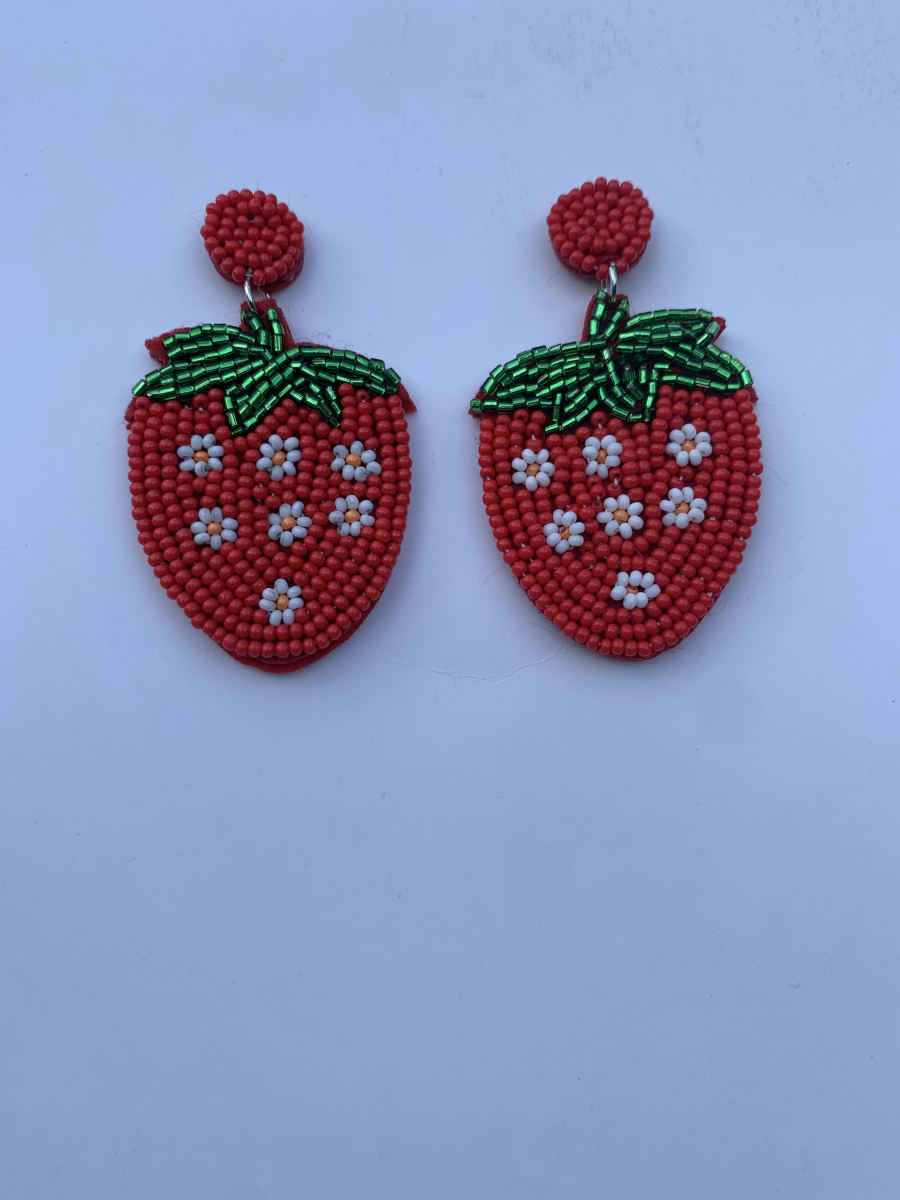 Beaded strawberry earrings in deep red with metallic green leaf top and white daisy bead seed accents.