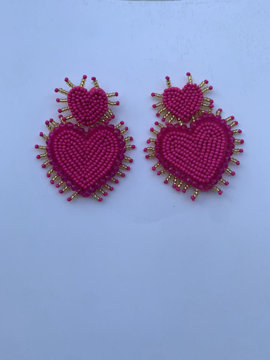 Double stacked beaded sacred heart earrings in deep fuchsia with radiating gold bugle bead spokes.