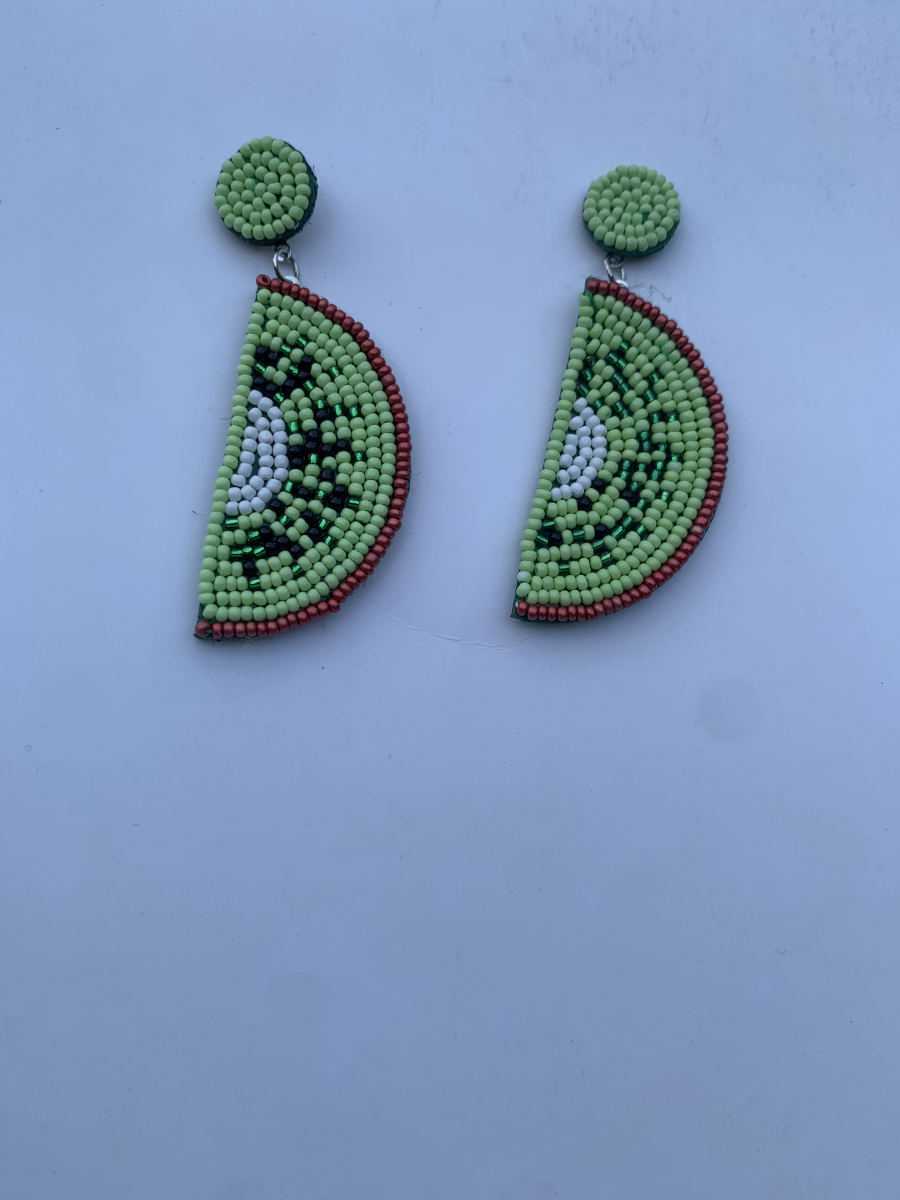 Beaded kiwi fruit slice earrings in light and dark green with white and red-brown seed pattern detail, light green stud top.
