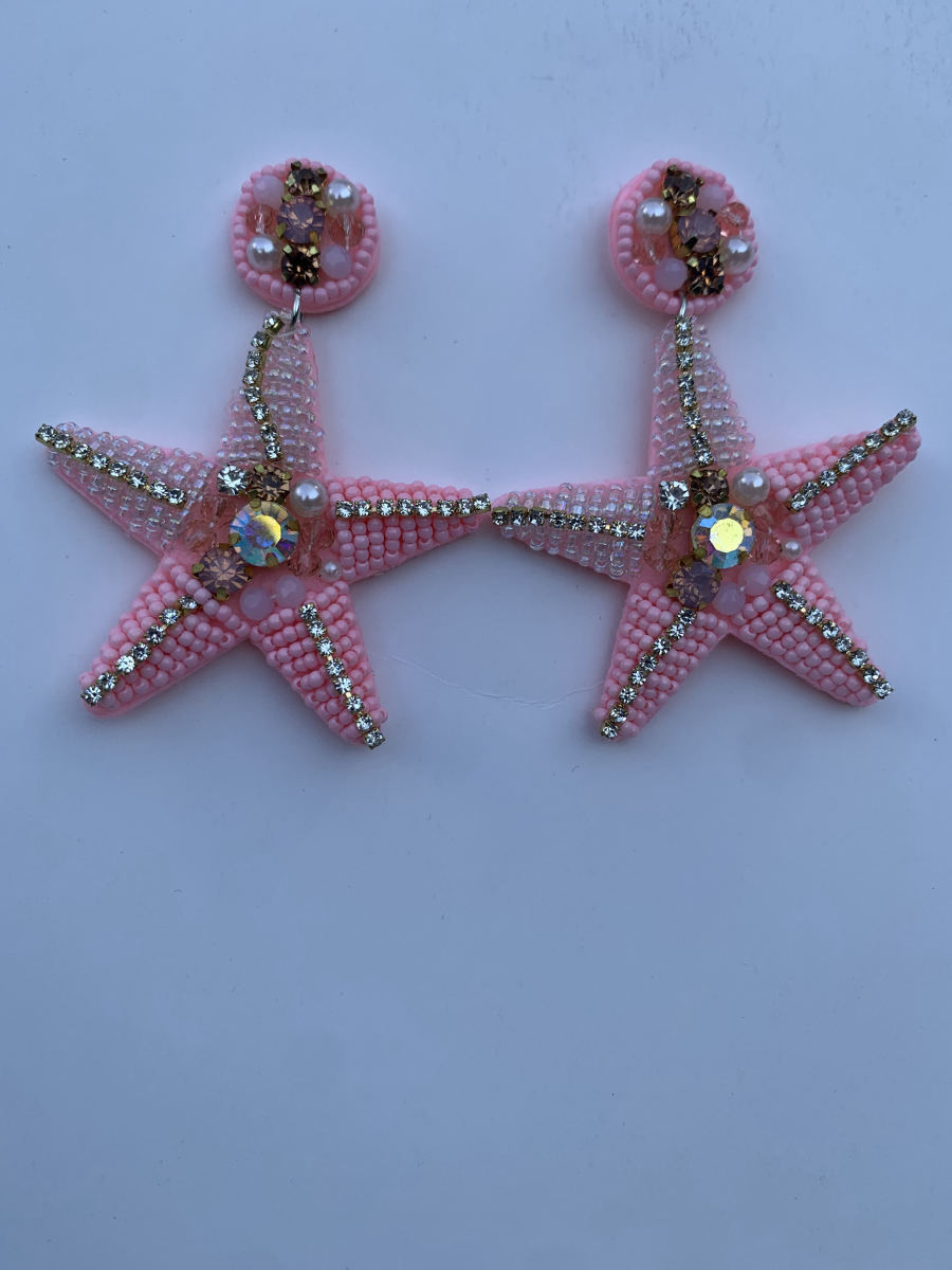 Large five-point starfish earrings in soft pink seed beads with rhinestone arm trim and AB crystal pearl cluster stud top.