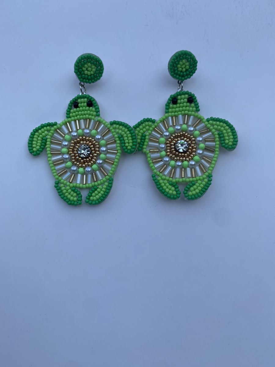 Beaded sea turtle earrings in lime and light green with bugle bead and pearl shell pattern, crystal centre, and green stud top.