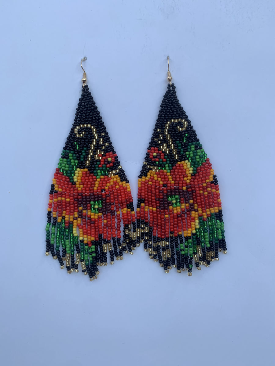 Long fringe earrings with red roses on vine botanical motif on black bead ground, red and green accents, wire hook.