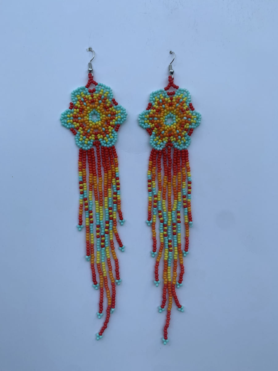 Long fringe earrings with flower mandala top panel in turquoise, red and yellow, long multi-strand ombre fringe, wire hook.