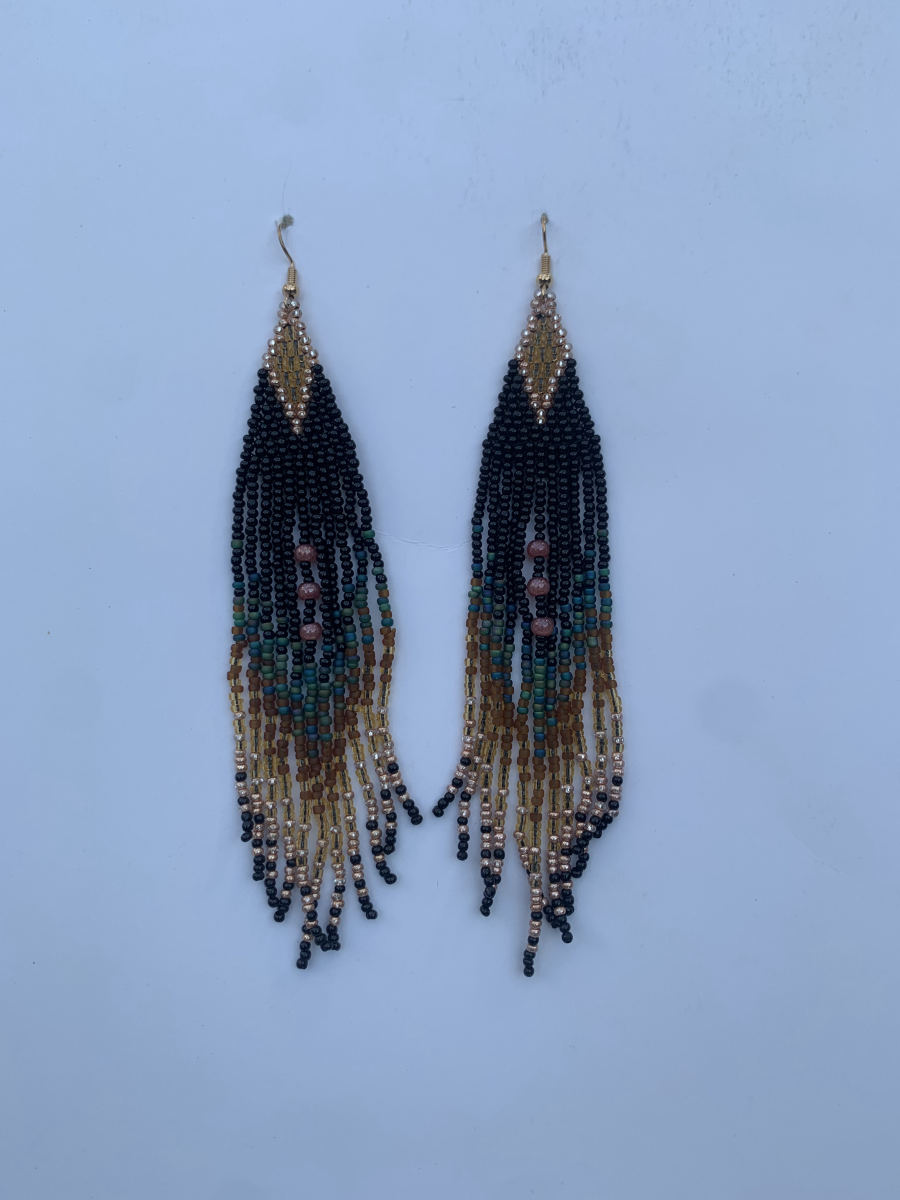 Long fringe earrings with diamond geometric lattice pattern in teal and gold on black bead ground, wire hook.