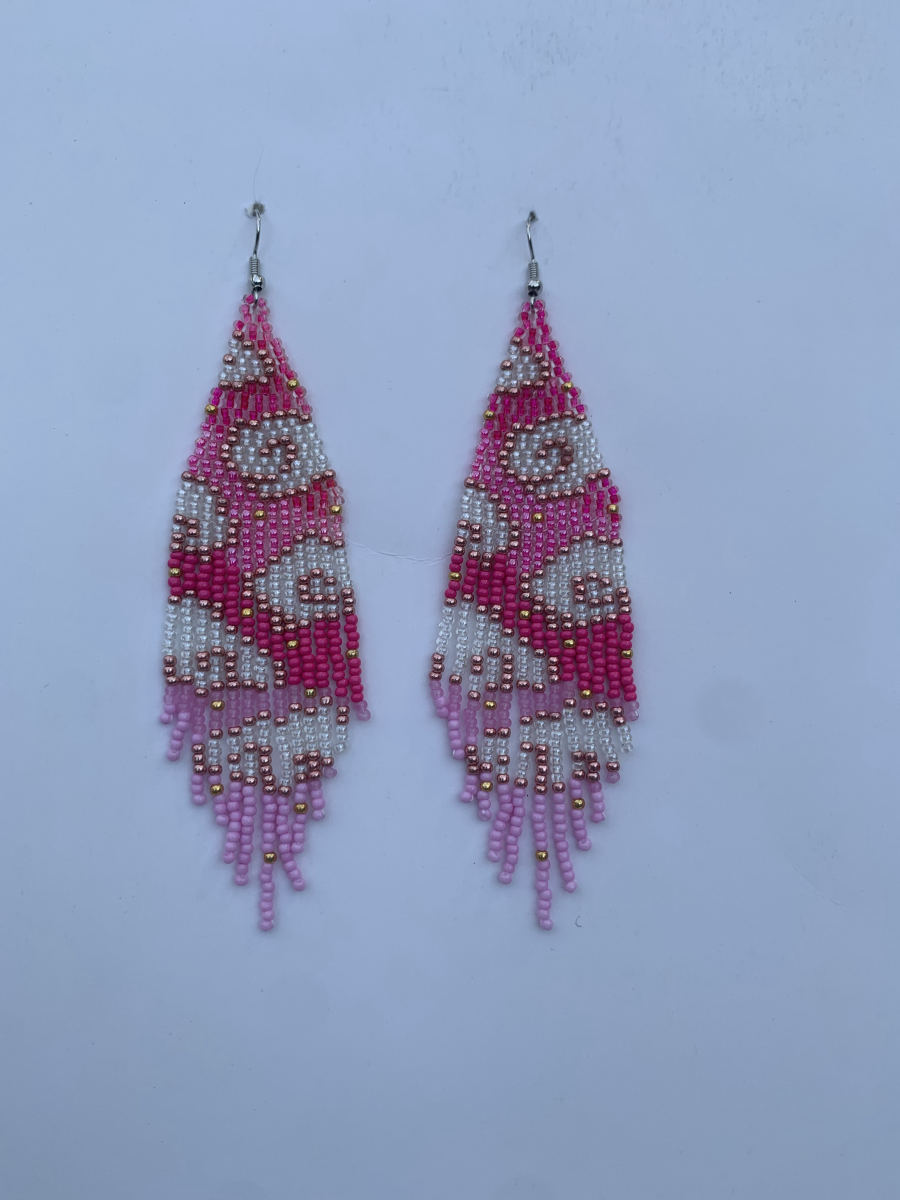 Long fringe earrings with pink floral scroll motif on white bead ground, ombre pink-to-blush fringe with rose gold accent beads, wire hook.