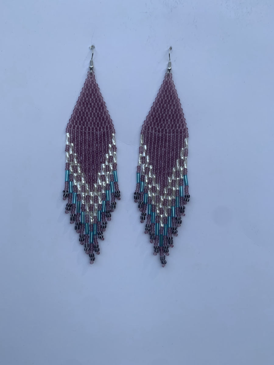 Long diamond-point fringe earrings in dusty mauve with teal and silver bugle bead chevron accent and black-and-white patterned tip beads, wire hook.