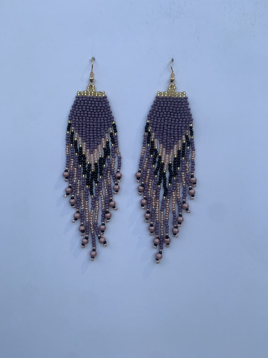 Long fringe earrings with geometric diamond panel in mauve and black, mixed mauve and rose-taupe fringe with gold seed beads, wire hook.