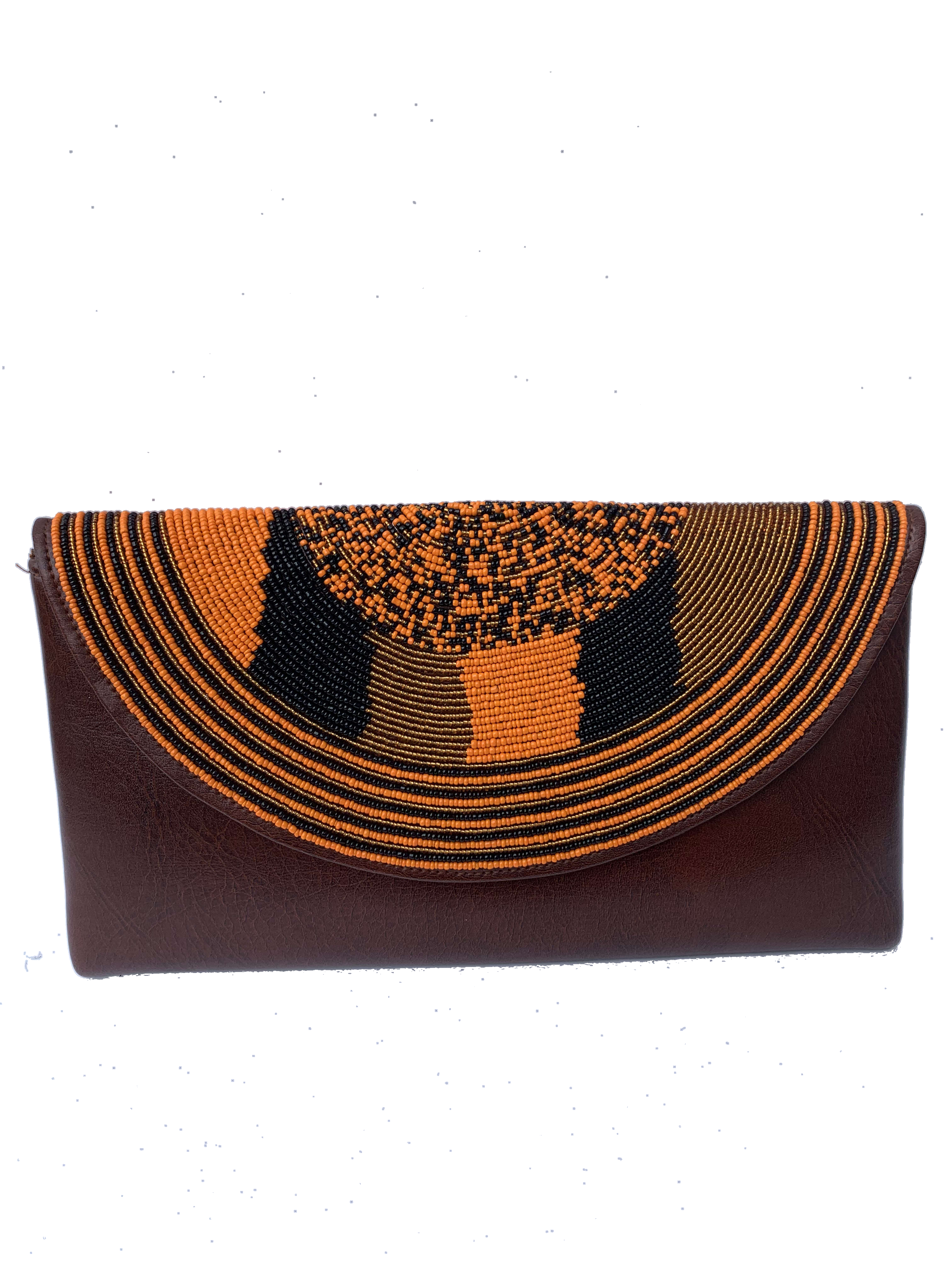 Kumasi Tree of Life Clutch — handmade brown leather, orange, black, gold beaded leather clutch by Rama, Ghana glass beads, Duncan BC