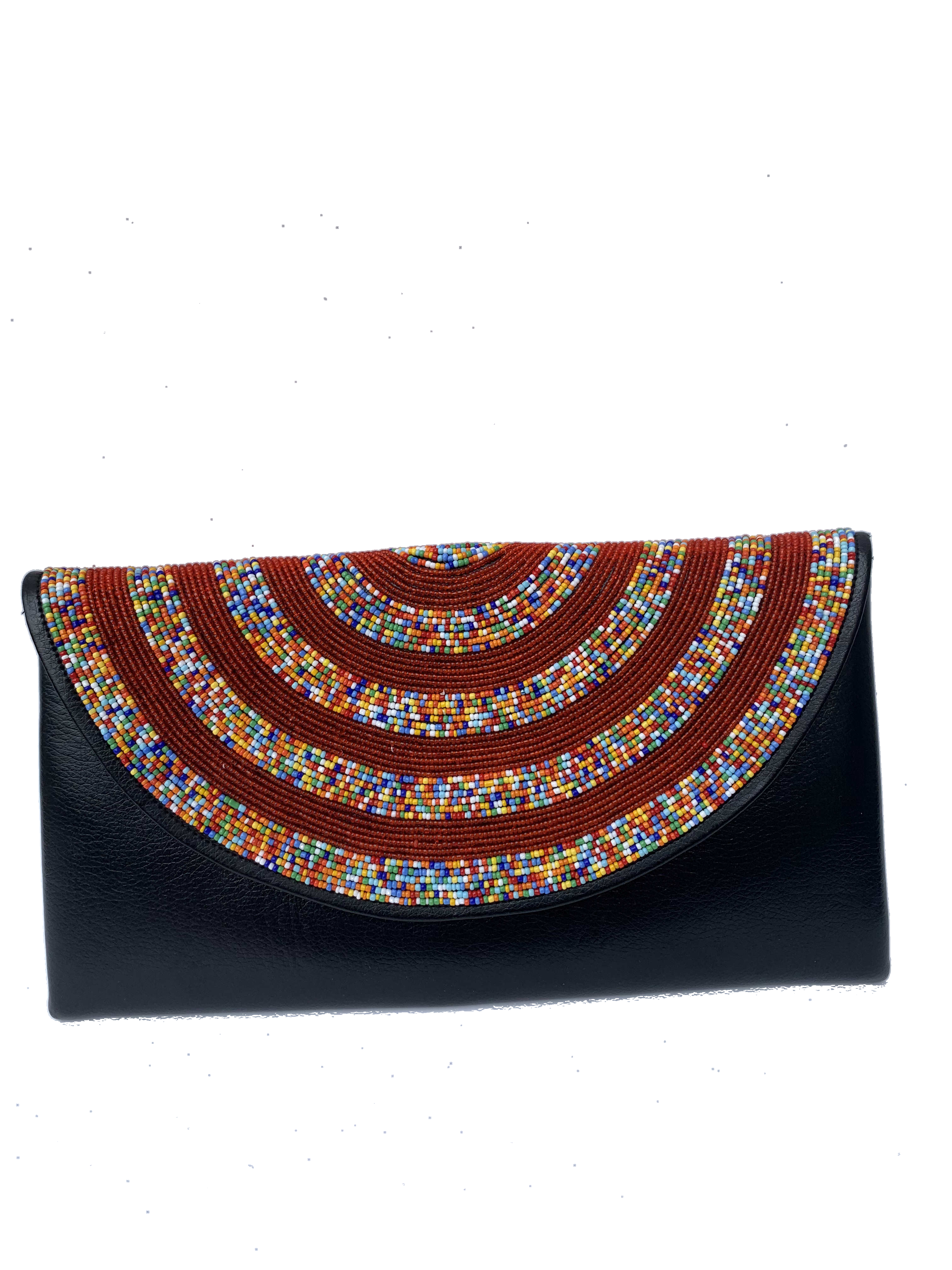 Accra Rainbow Arc Clutch — handmade black leather, rainbow, multicolor beaded leather clutch by Rama, Ghana glass beads, Duncan BC