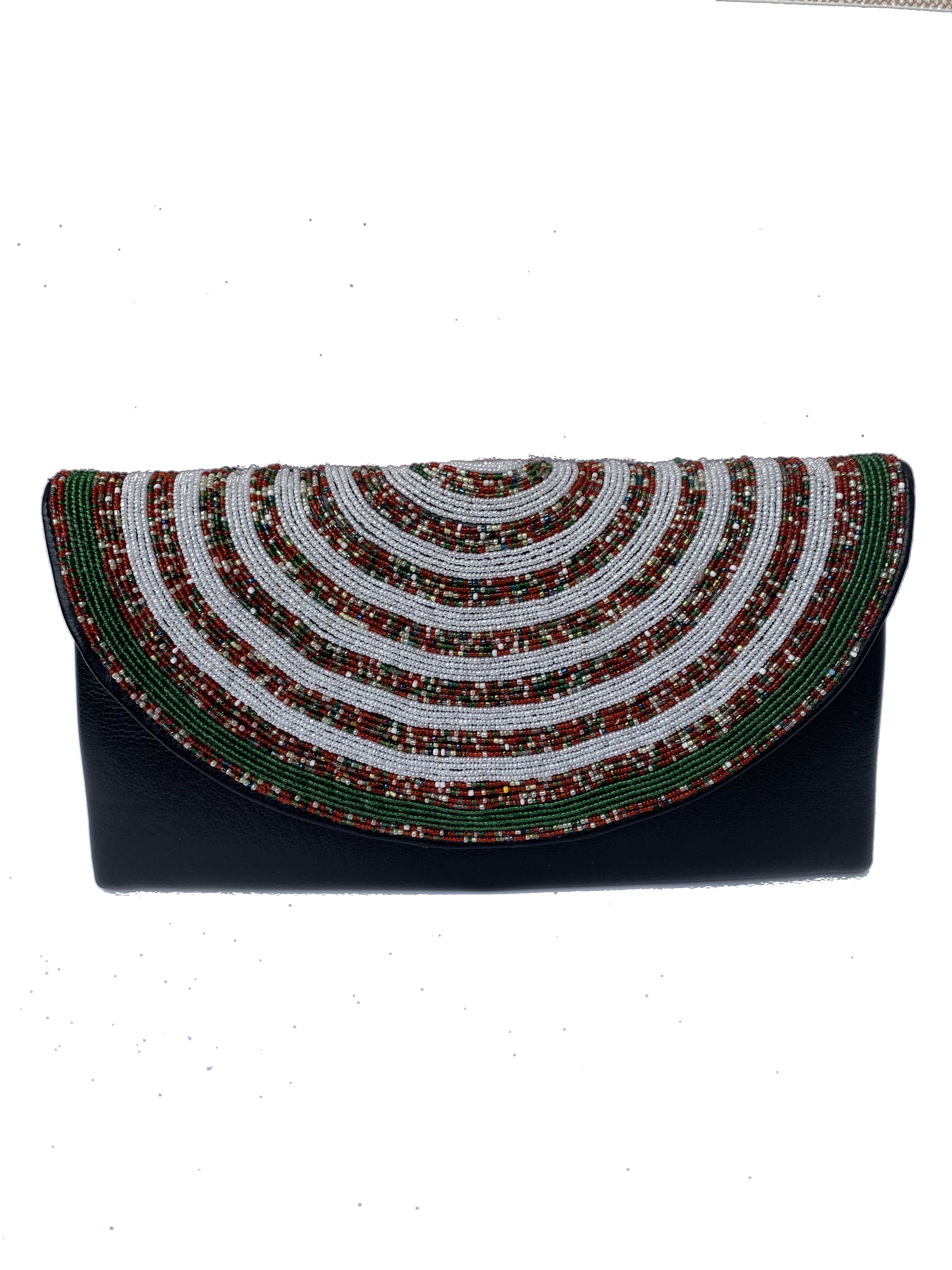 Elmina Ivory Arc Clutch — handmade brown leather, white, black, ivory beaded leather clutch by Rama, Ghana glass beads, Duncan BC