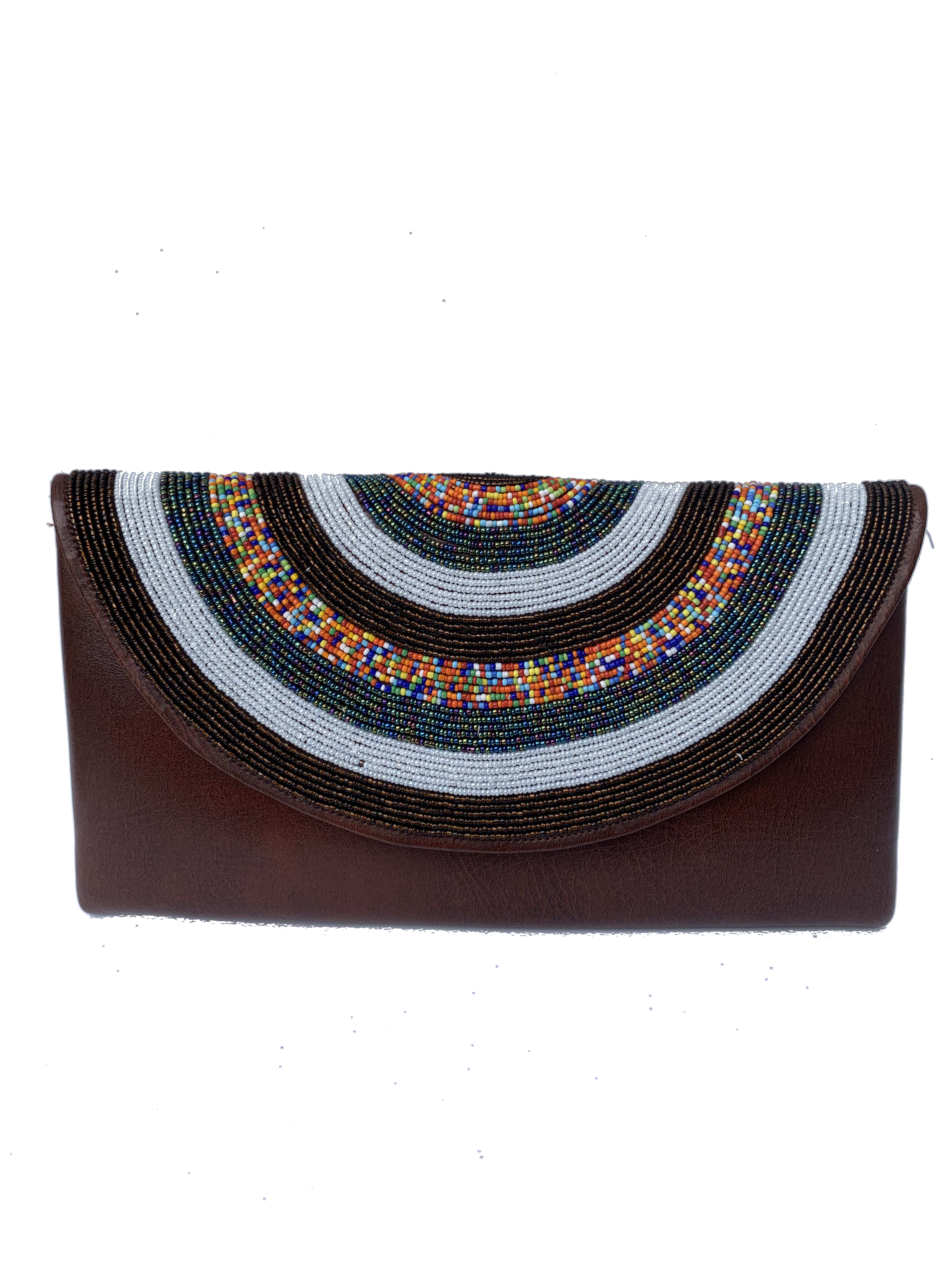 Tema Confetti Clutch — handmade brown leather, multicolor, confetti beaded leather clutch by Rama, Ghana glass beads, Duncan BC