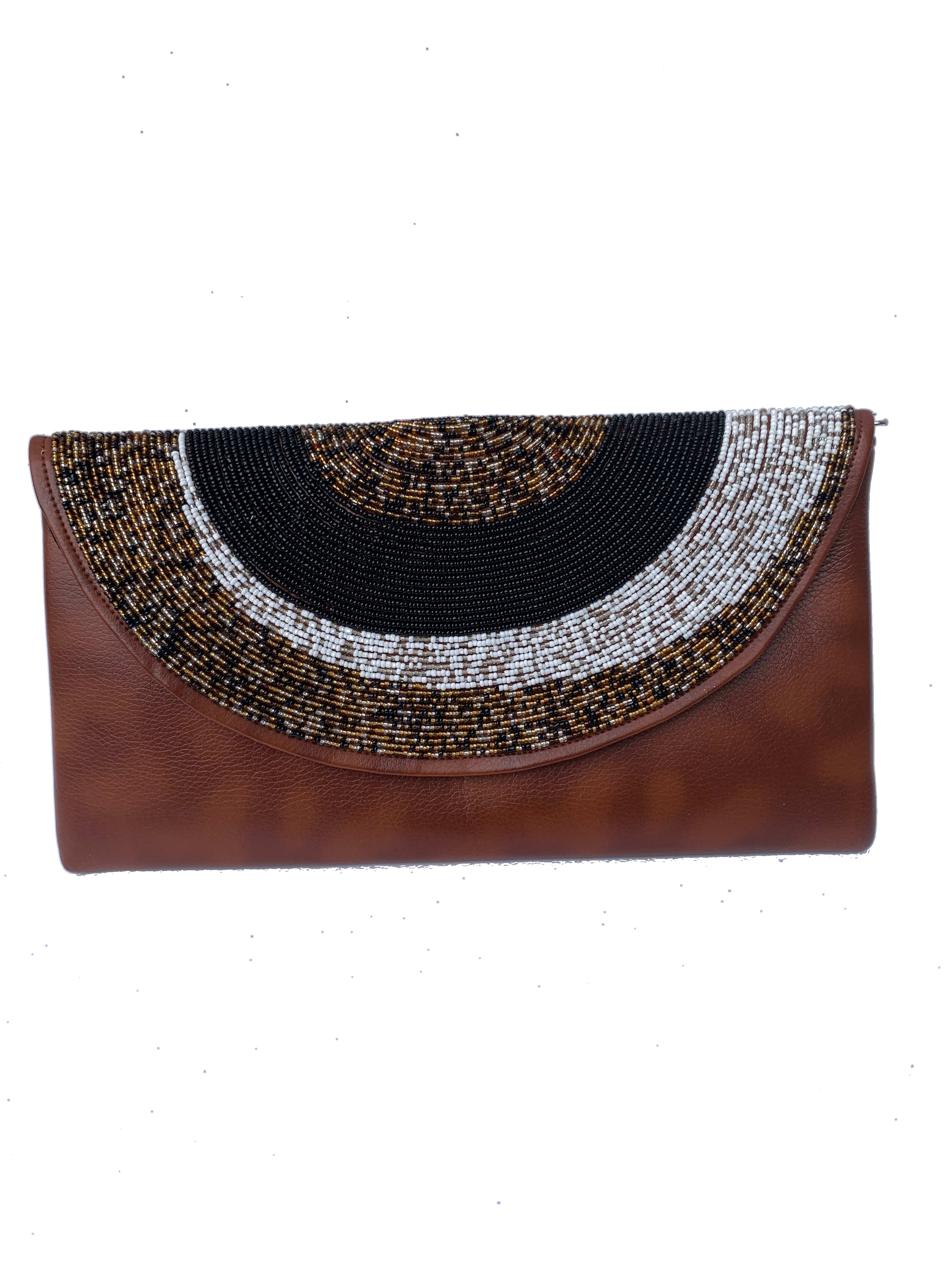 Sekondi Moonlight Clutch — handmade brown leather, black, white, silver beaded leather clutch by Rama, Ghana glass beads, Duncan BC