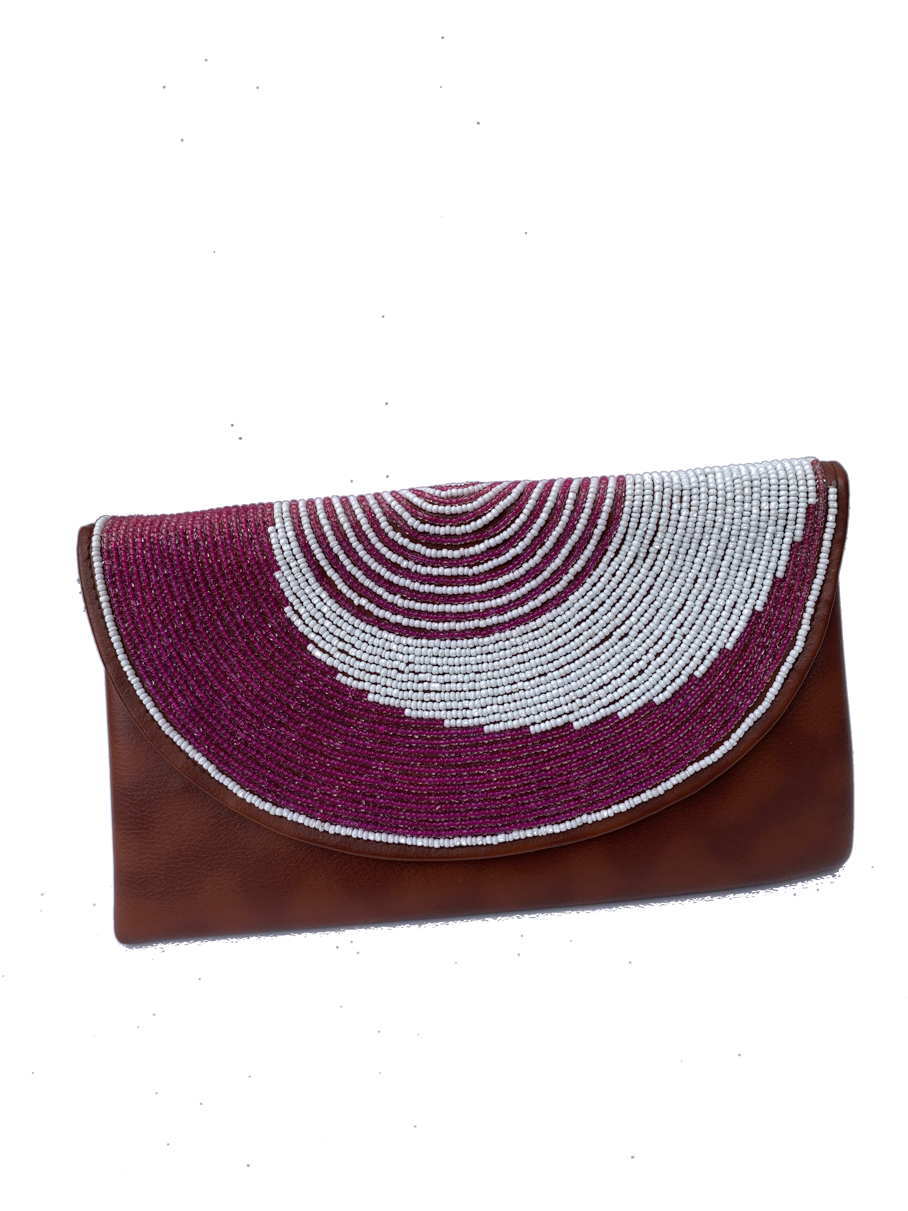 Cape Coast Orchid Clutch — handmade brown leather, purple, white, pink beaded leather clutch by Rama, Ghana glass beads, Duncan BC