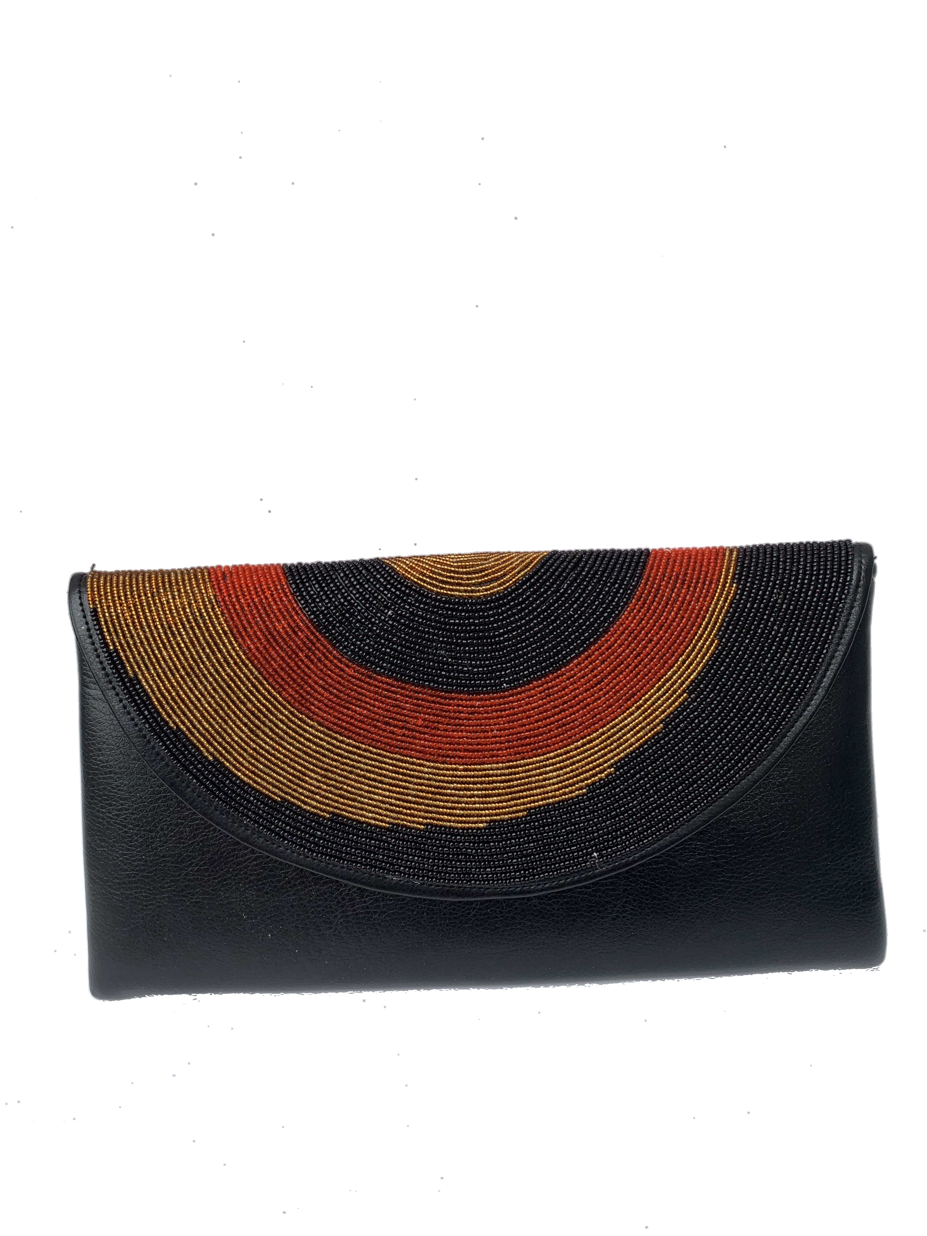 Tamale Sunset Clutch — handmade black leather, orange, brown, white beaded leather clutch by Rama, Ghana glass beads, Duncan BC