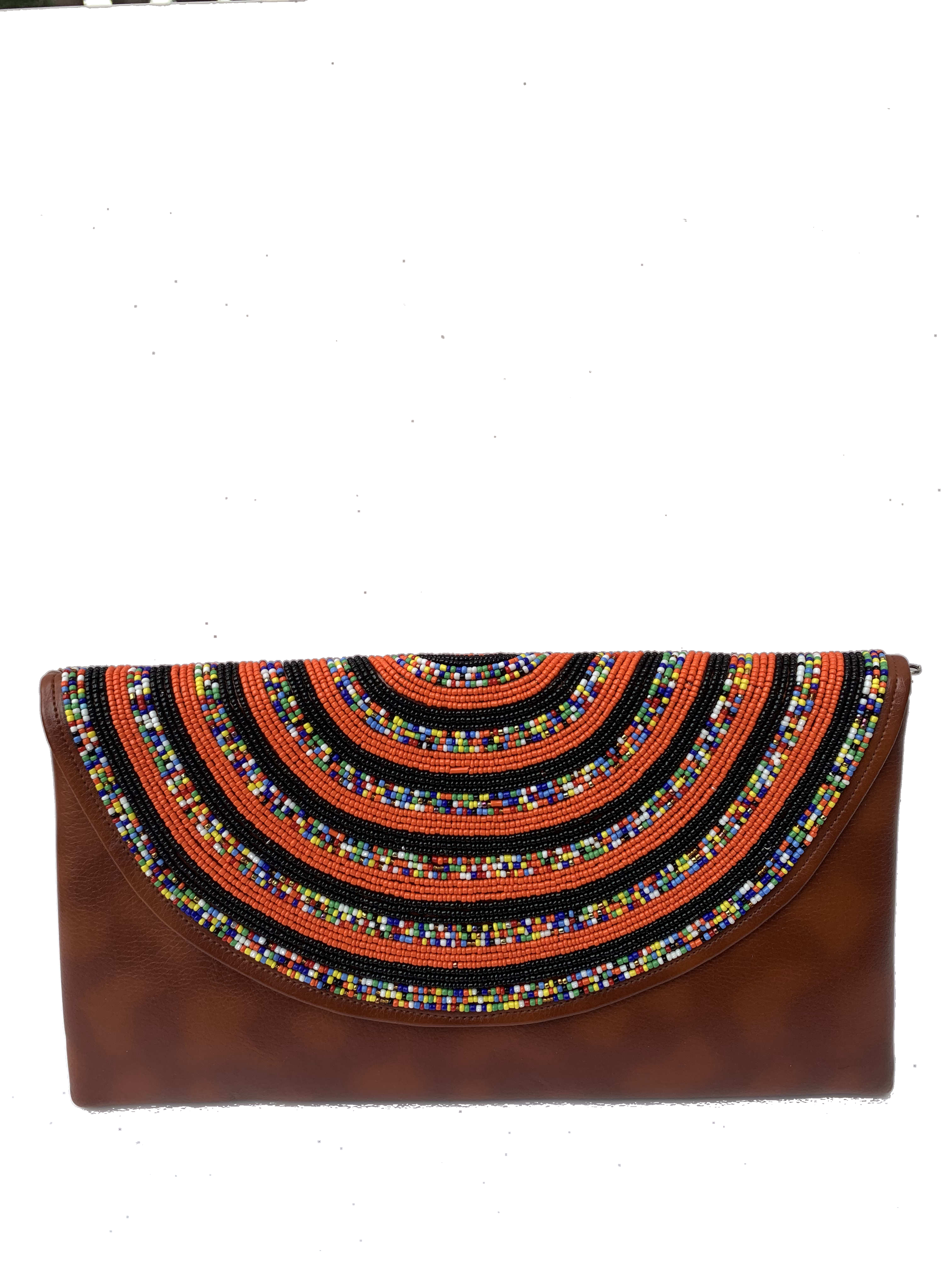 Takoradi Midnight Clutch — handmade brown leather, black, multicolor beaded leather clutch by Rama, Ghana glass beads, Duncan BC