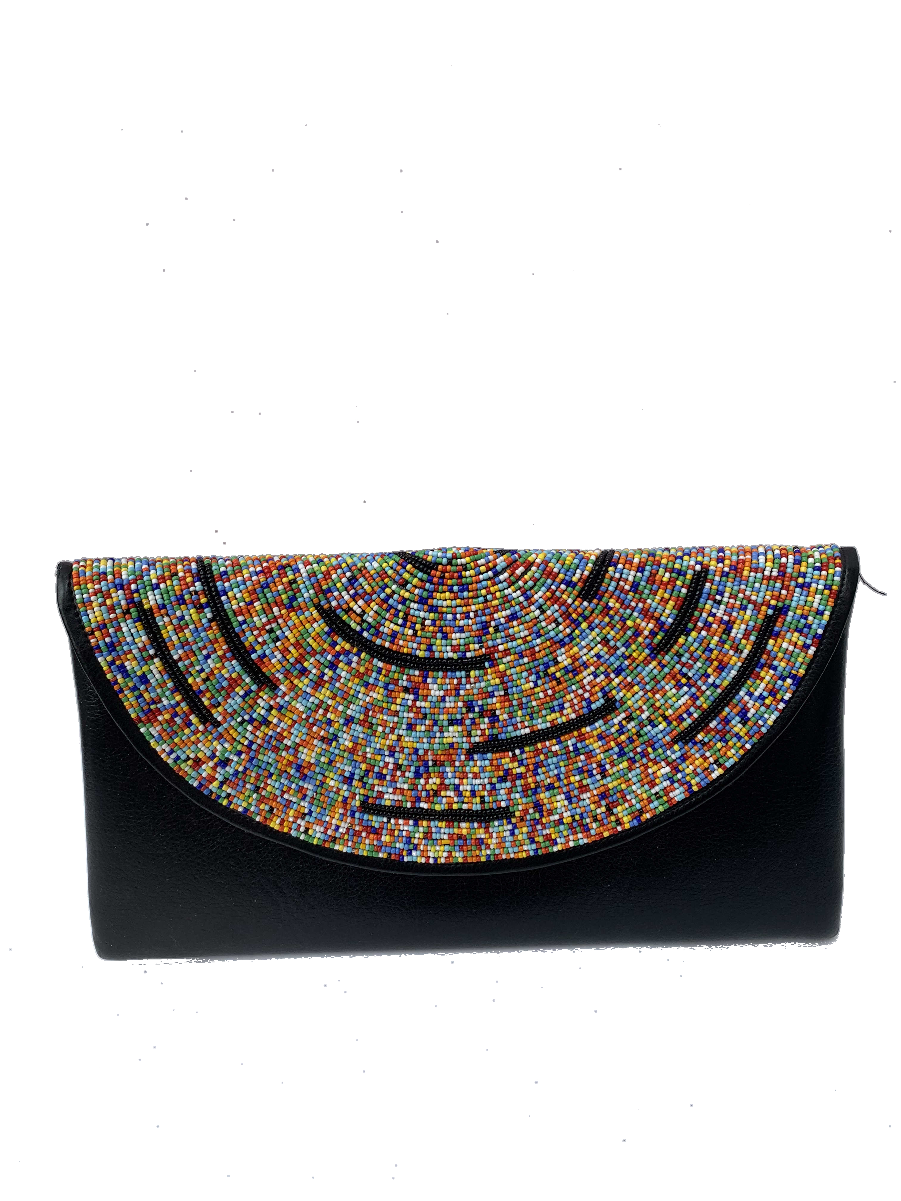 Koforidua Festival Clutch — handmade brown leather, multicolor, festival beaded leather clutch by Rama, Ghana glass beads, Duncan BC