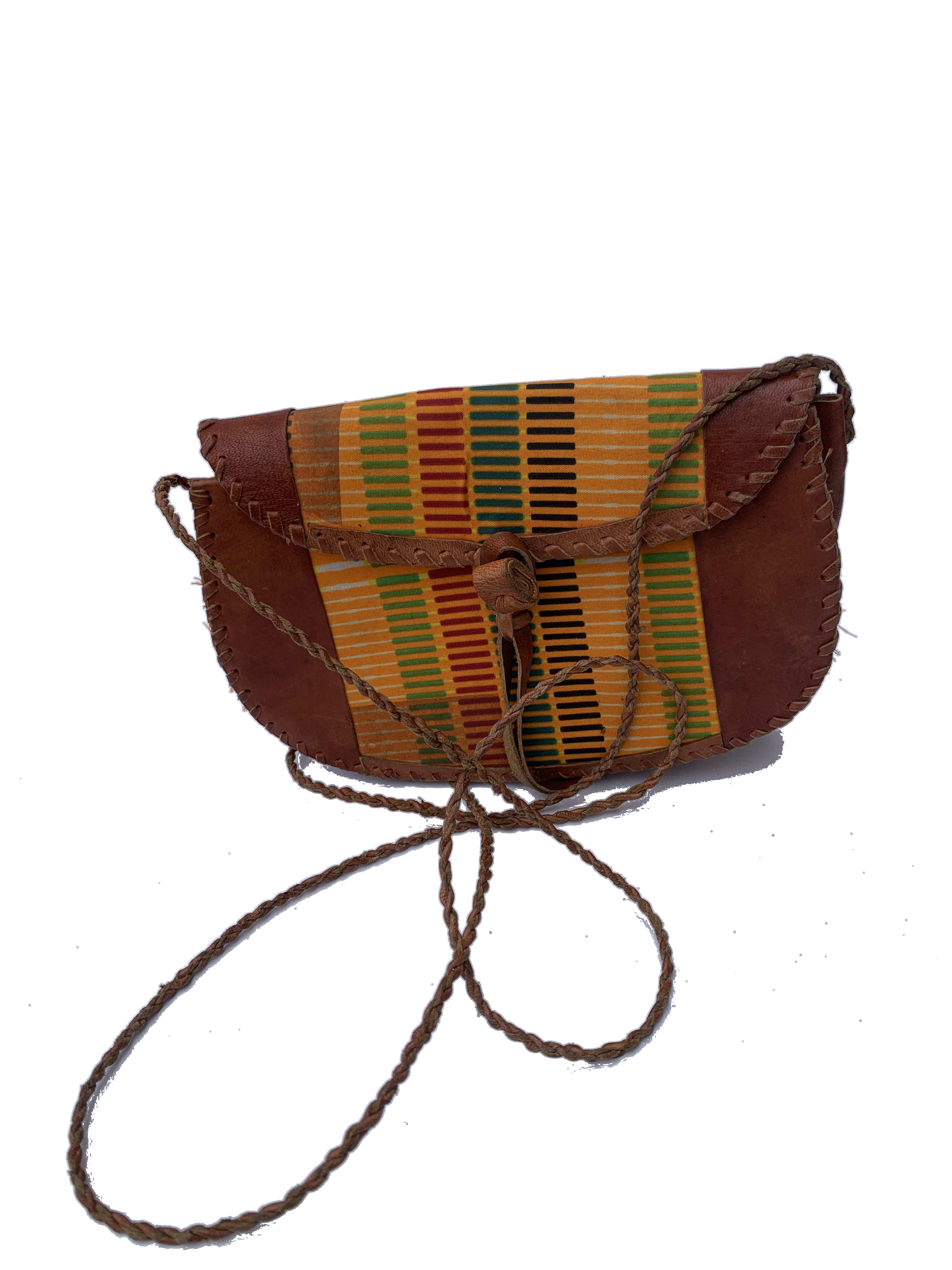 Ho Kente Crossbody — handmade kente, green, yellow, red beaded leather crossbody bag by Rama, Ghana glass beads, Duncan BC