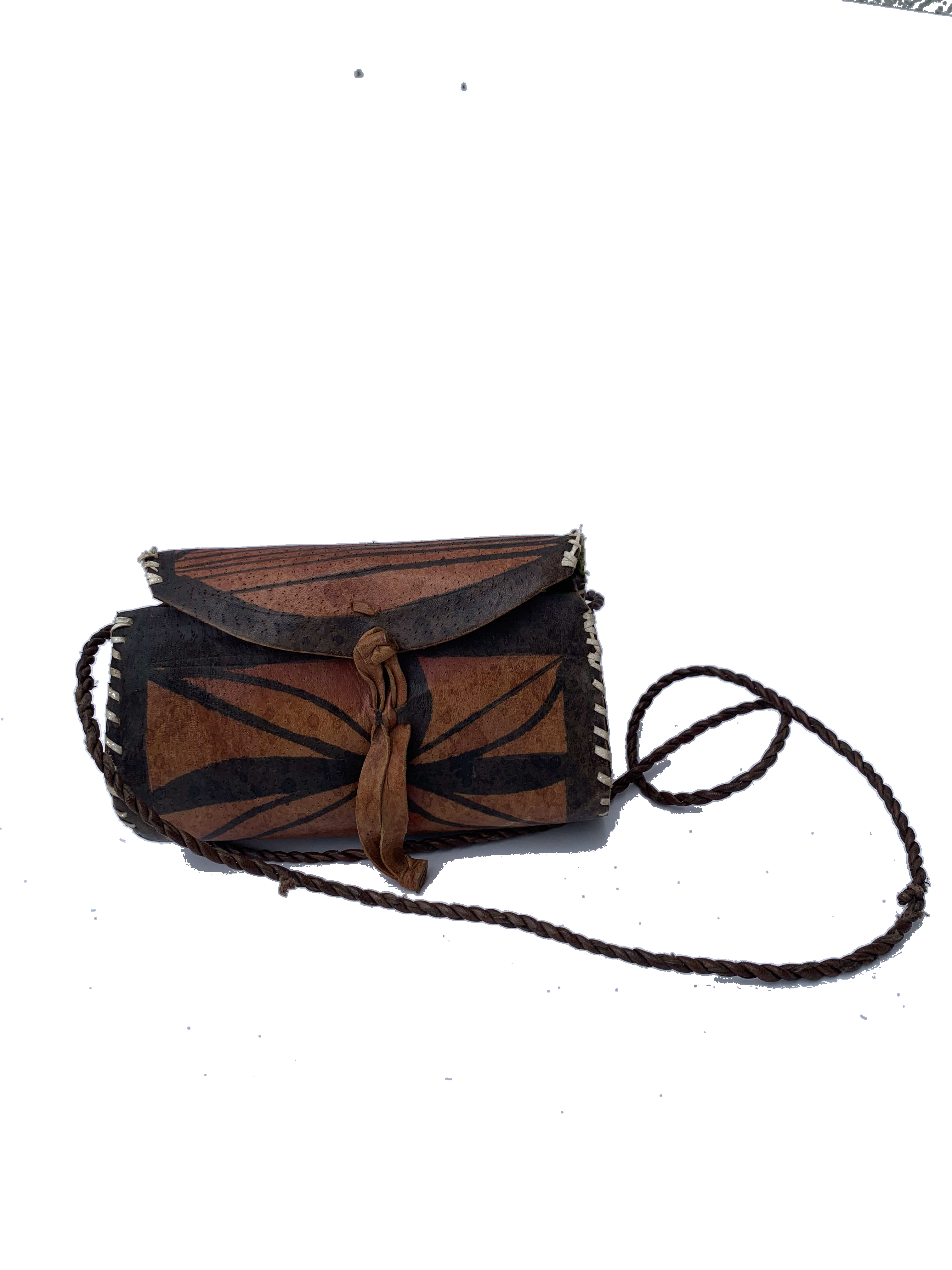 Tarkwa Leather Crossbody — handmade brown leather, tan beaded leather crossbody bag by Rama, Ghana glass beads, Duncan BC