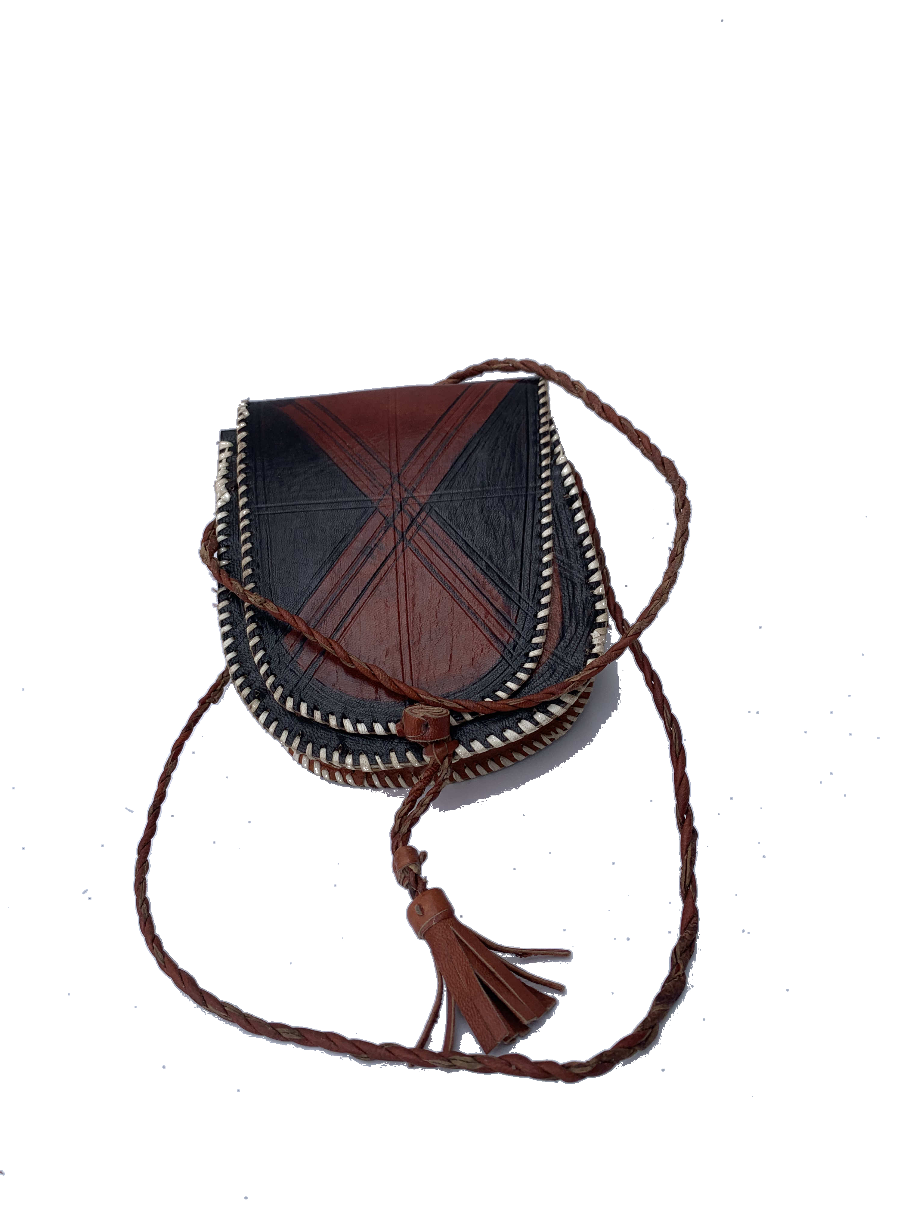 Bolgatanga Tassel Crossbody — handmade maroon, brown leather, beaded beaded leather crossbody bag by Rama, Ghana glass beads, Duncan BC