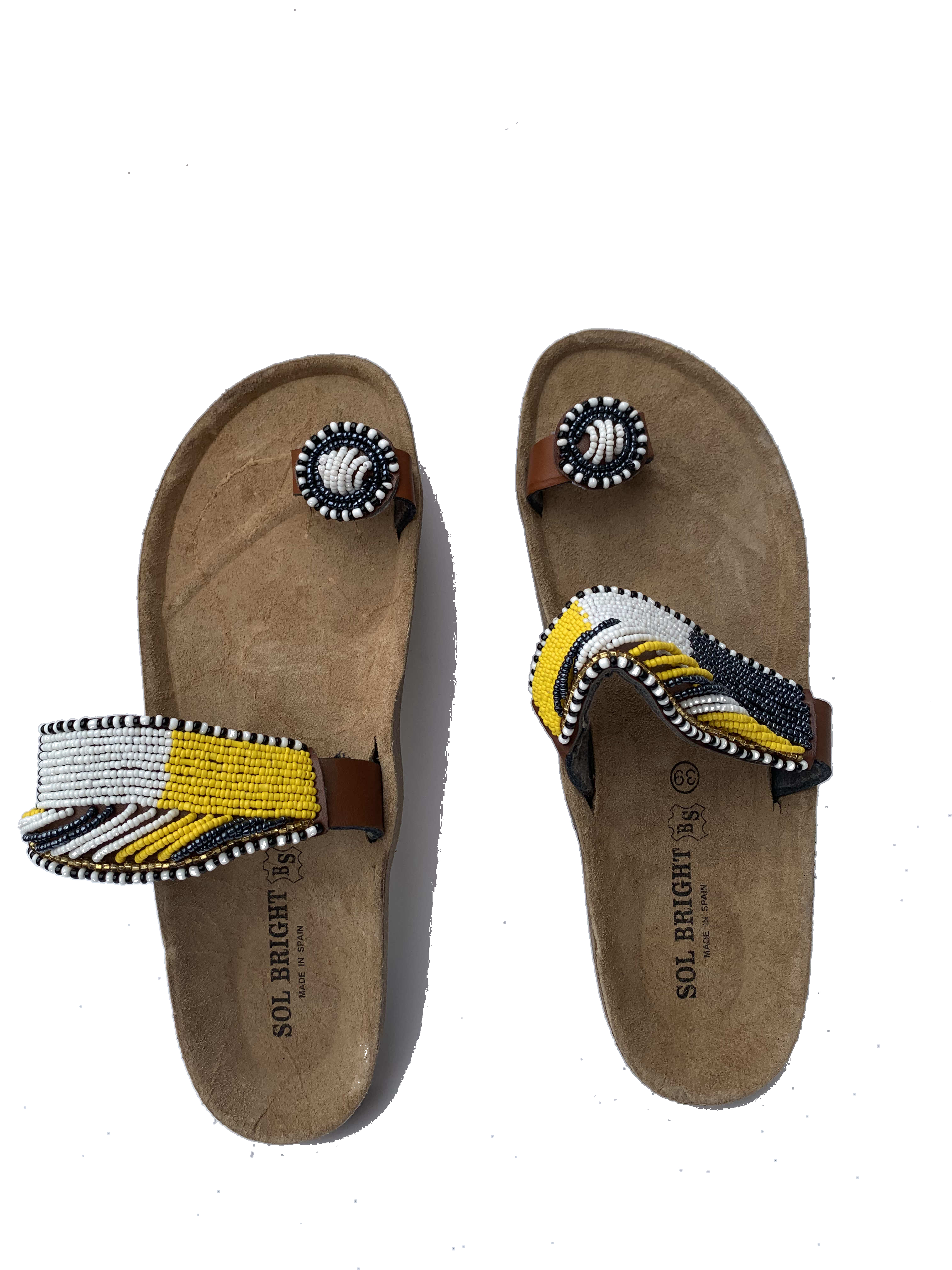 Wa Azure Sandals — handmade blue, yellow, leather beaded leather sandals by Rama, Ghana glass beads, Duncan BC
