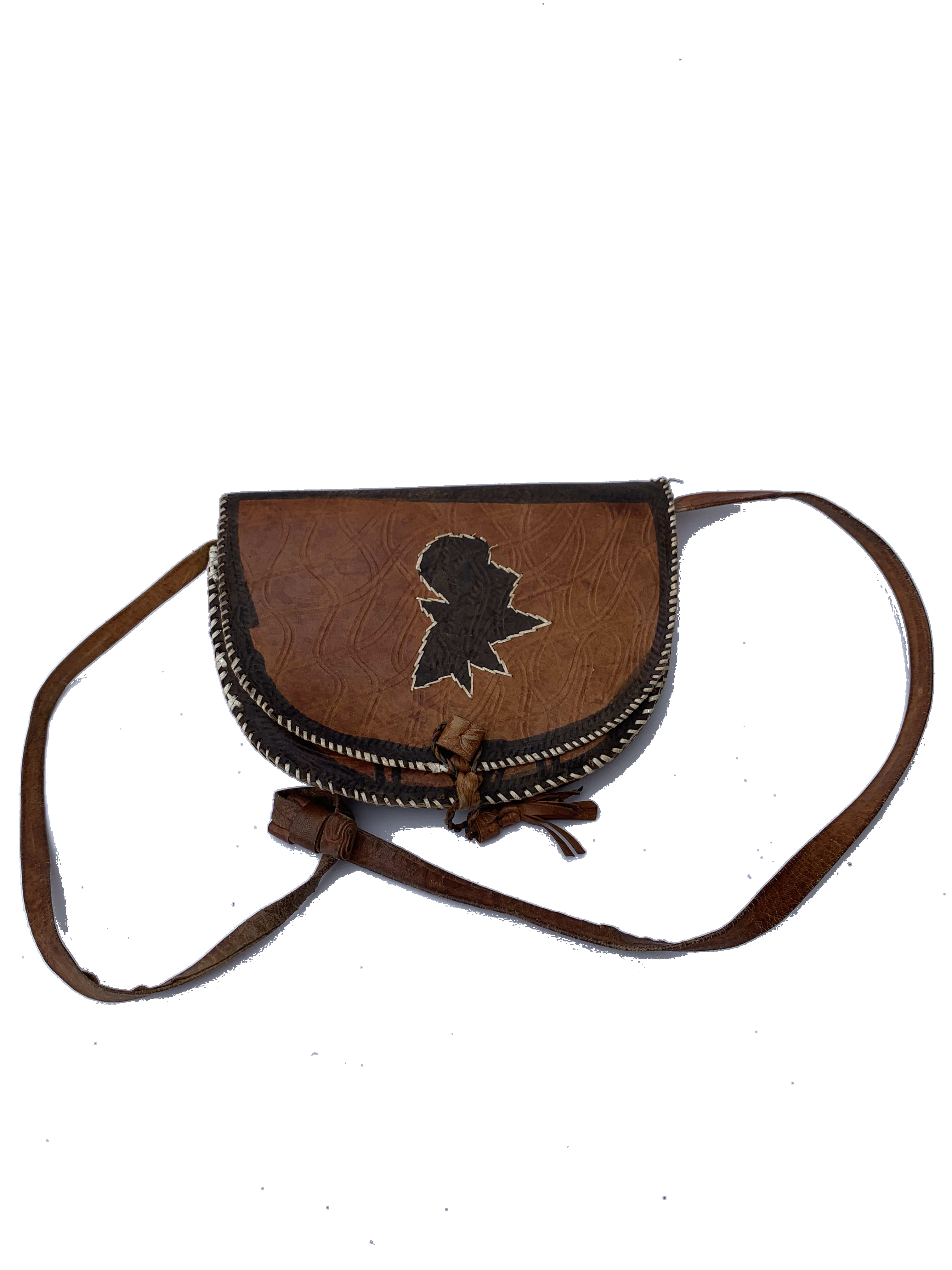Axim Saddle Bag — handmade brown leather, tan, cutout beaded leather crossbody bag by Rama, Ghana glass beads, Duncan BC