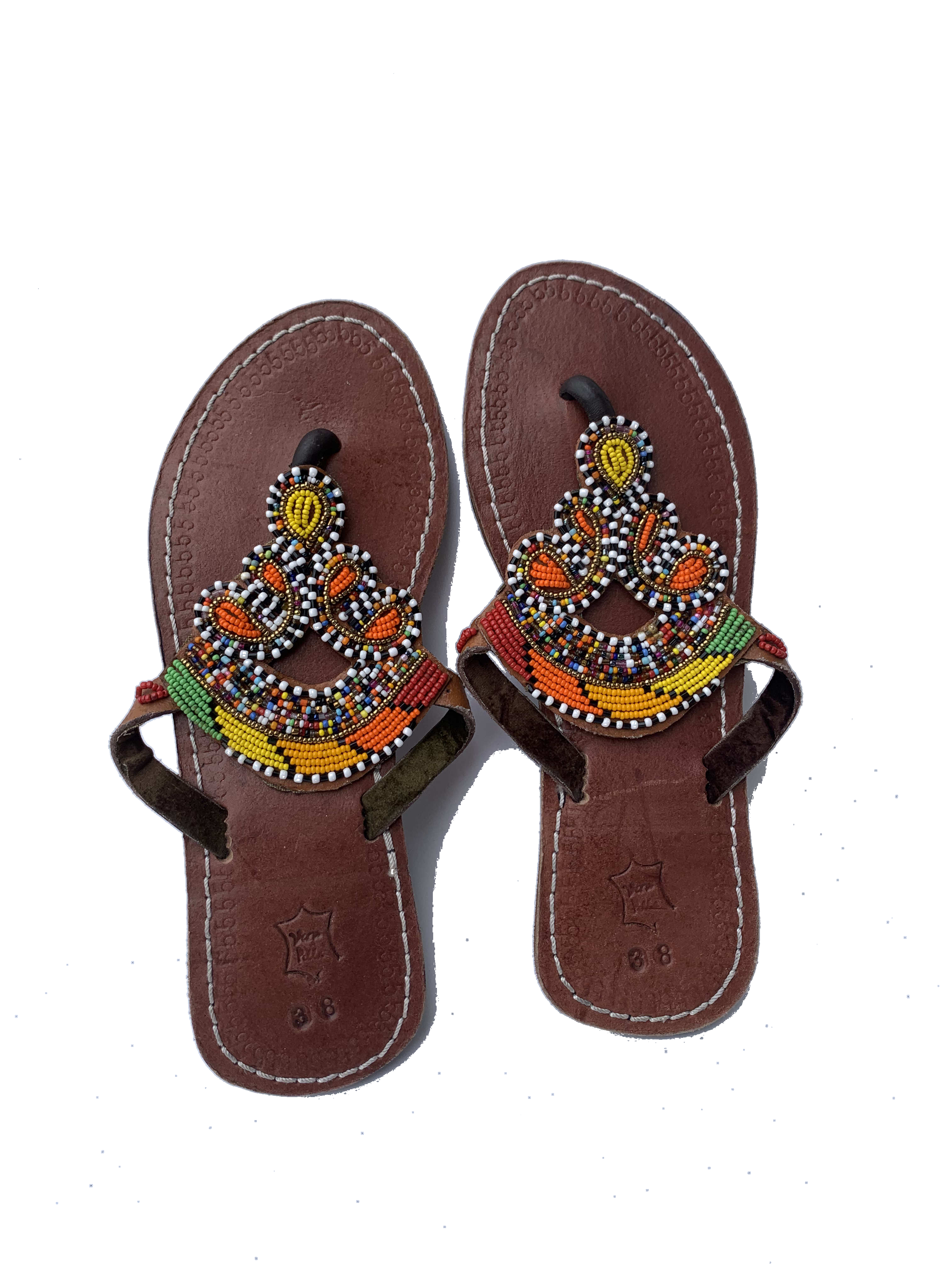 Bawku Fiesta Sandals — handmade multicolor, leather beaded leather sandals by Rama, Ghana glass beads, Duncan BC