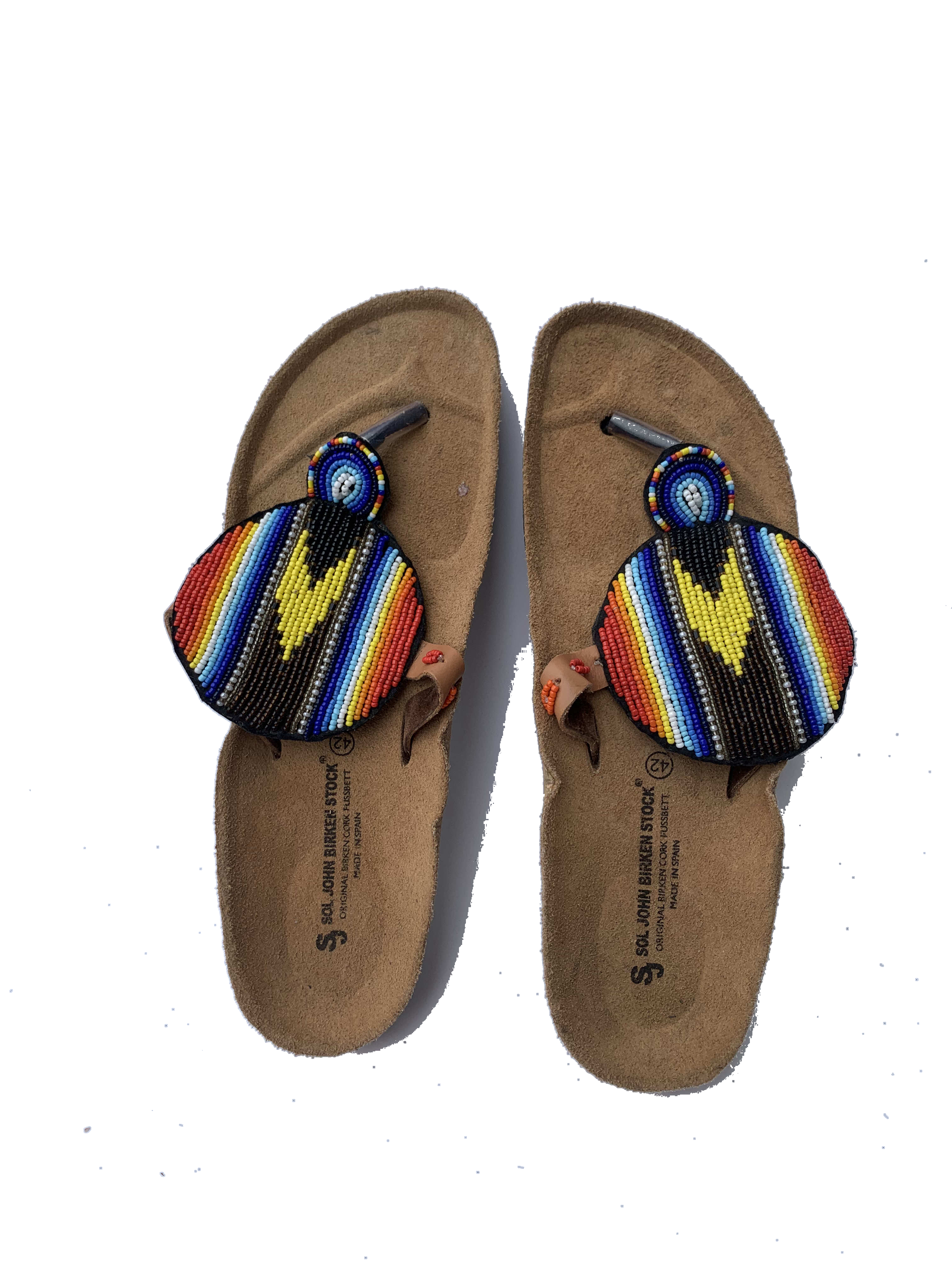 Navrongo Chevron Sandals — handmade blue, yellow, black, chevron beaded leather sandals by Rama, Ghana glass beads, Duncan BC