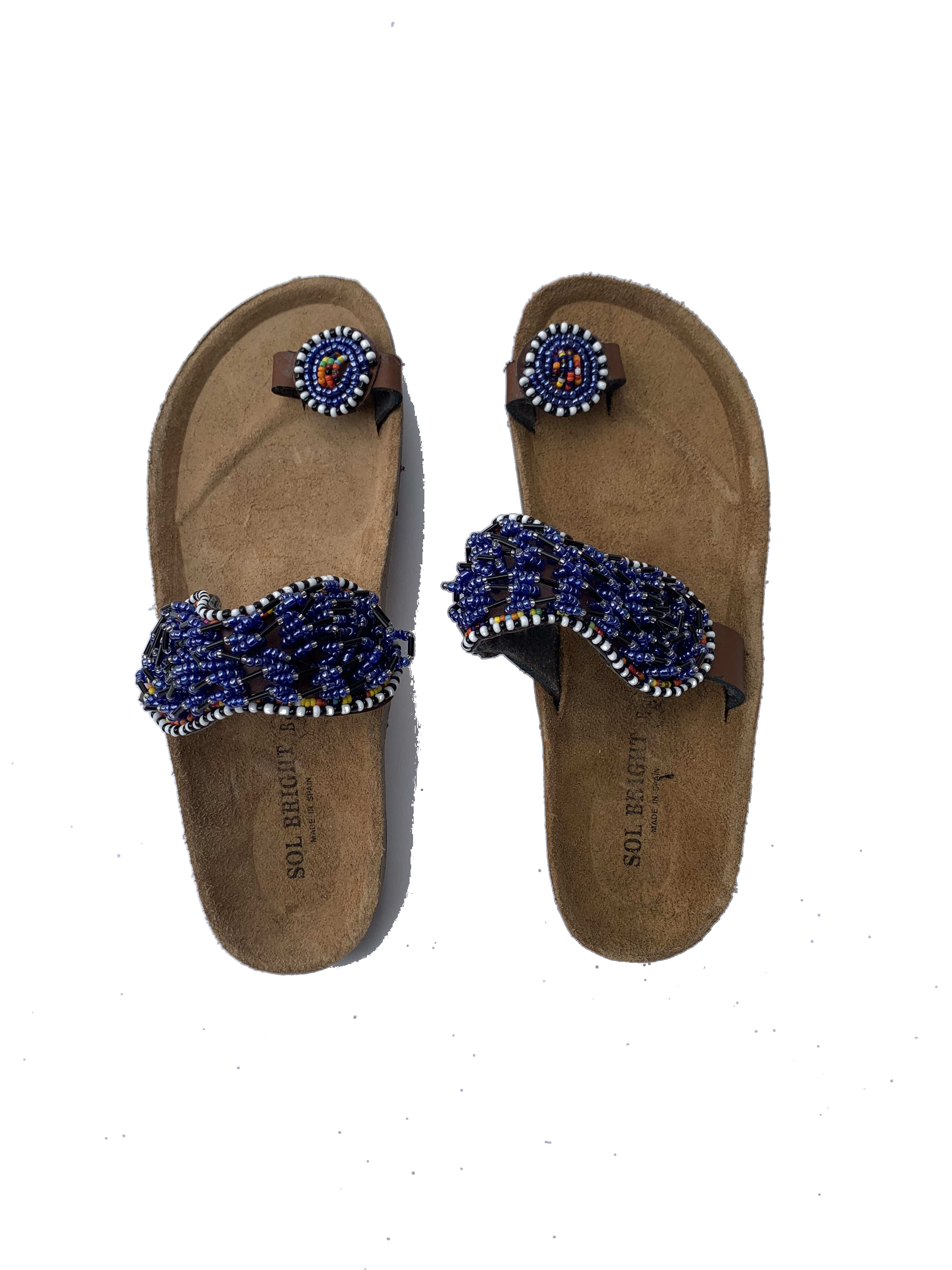 Keta Ocean Sandals — handmade blue, leather beaded leather sandals by Rama, Ghana glass beads, Duncan BC