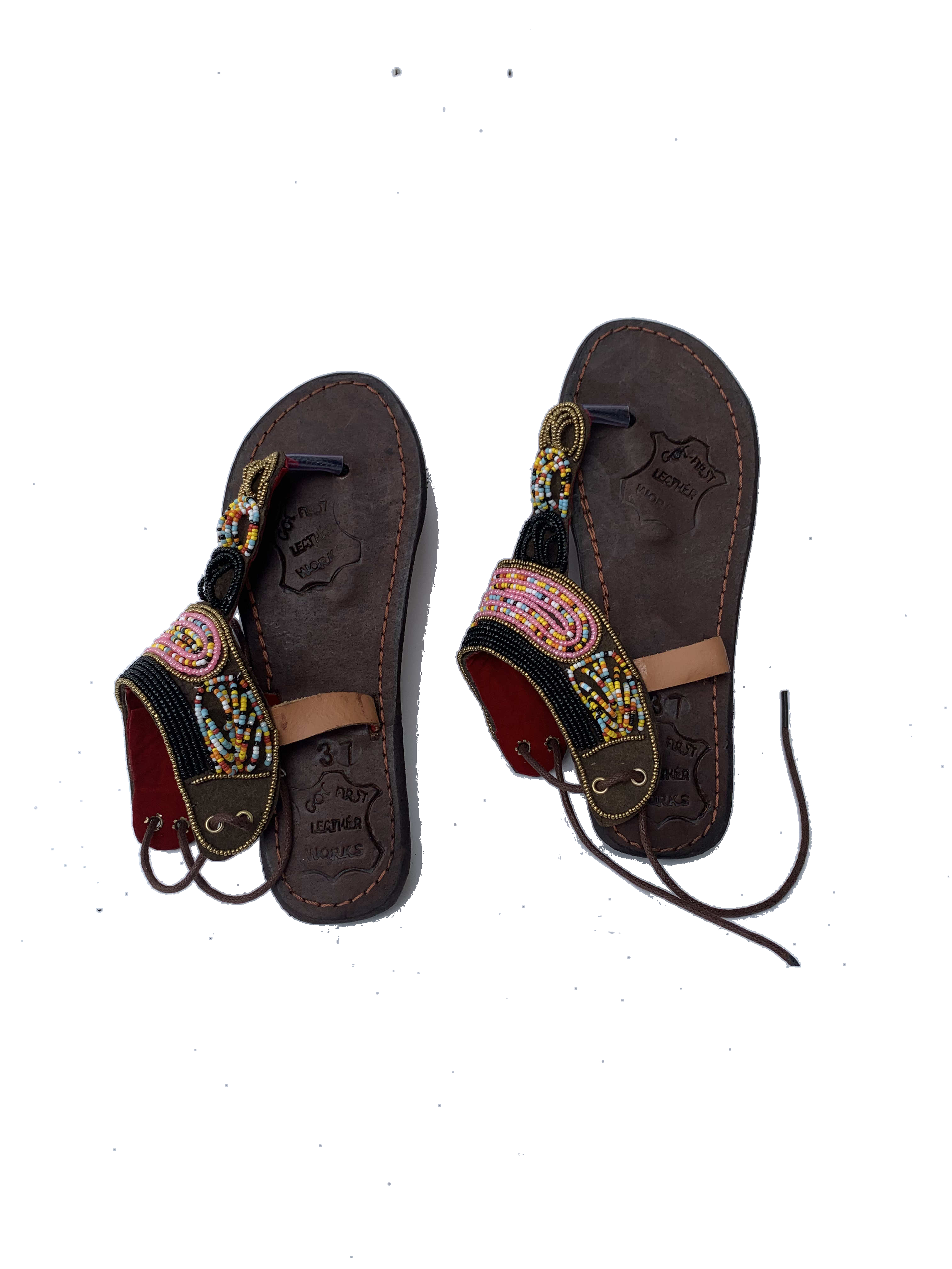 Salaga Ruby Sandals — handmade red, maroon, leather beaded leather sandals by Rama, Ghana glass beads, Duncan BC