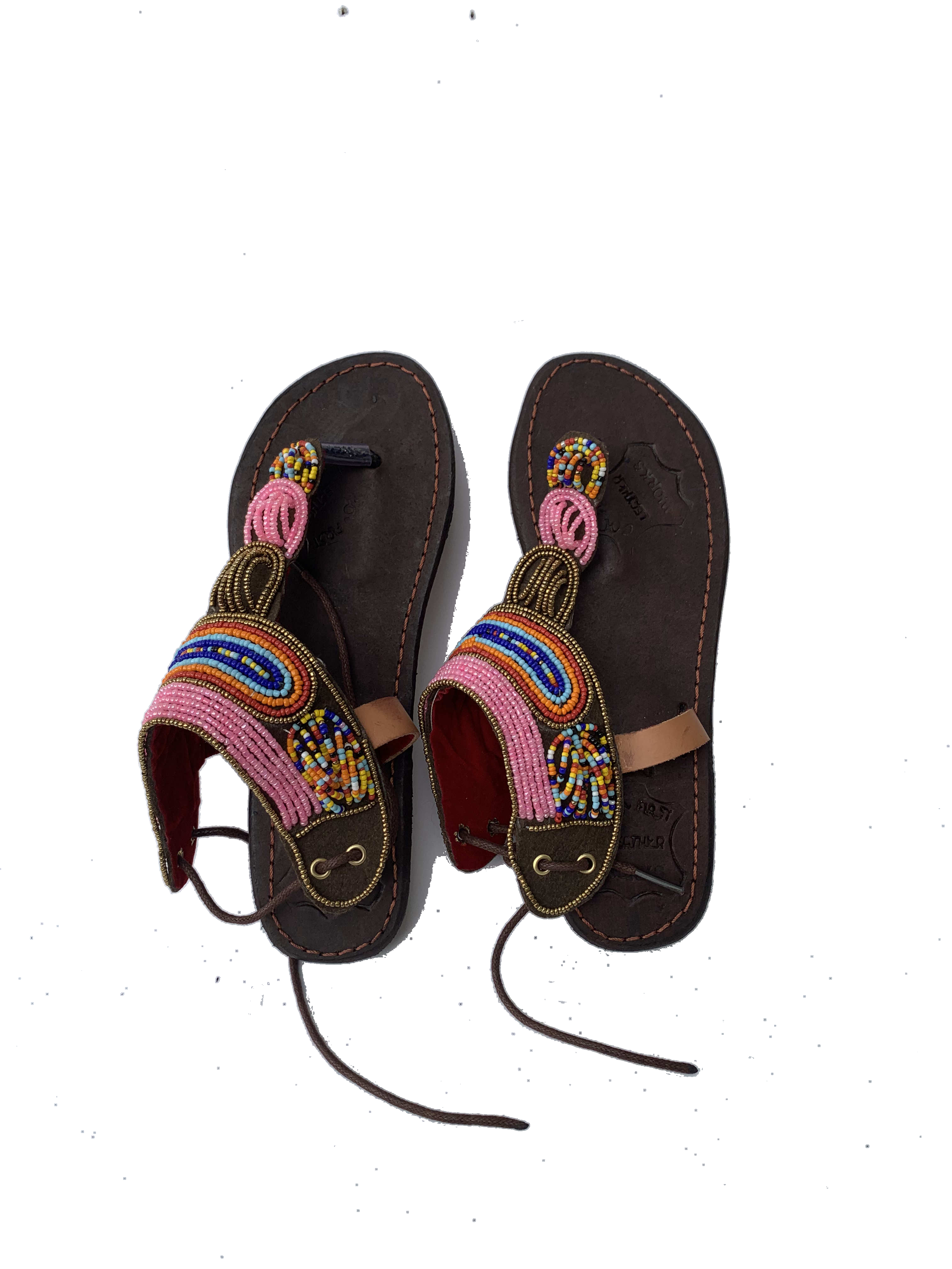 Winneba Blossom Sandals — handmade pink, multicolor, leather beaded leather sandals by Rama, Ghana glass beads, Duncan BC