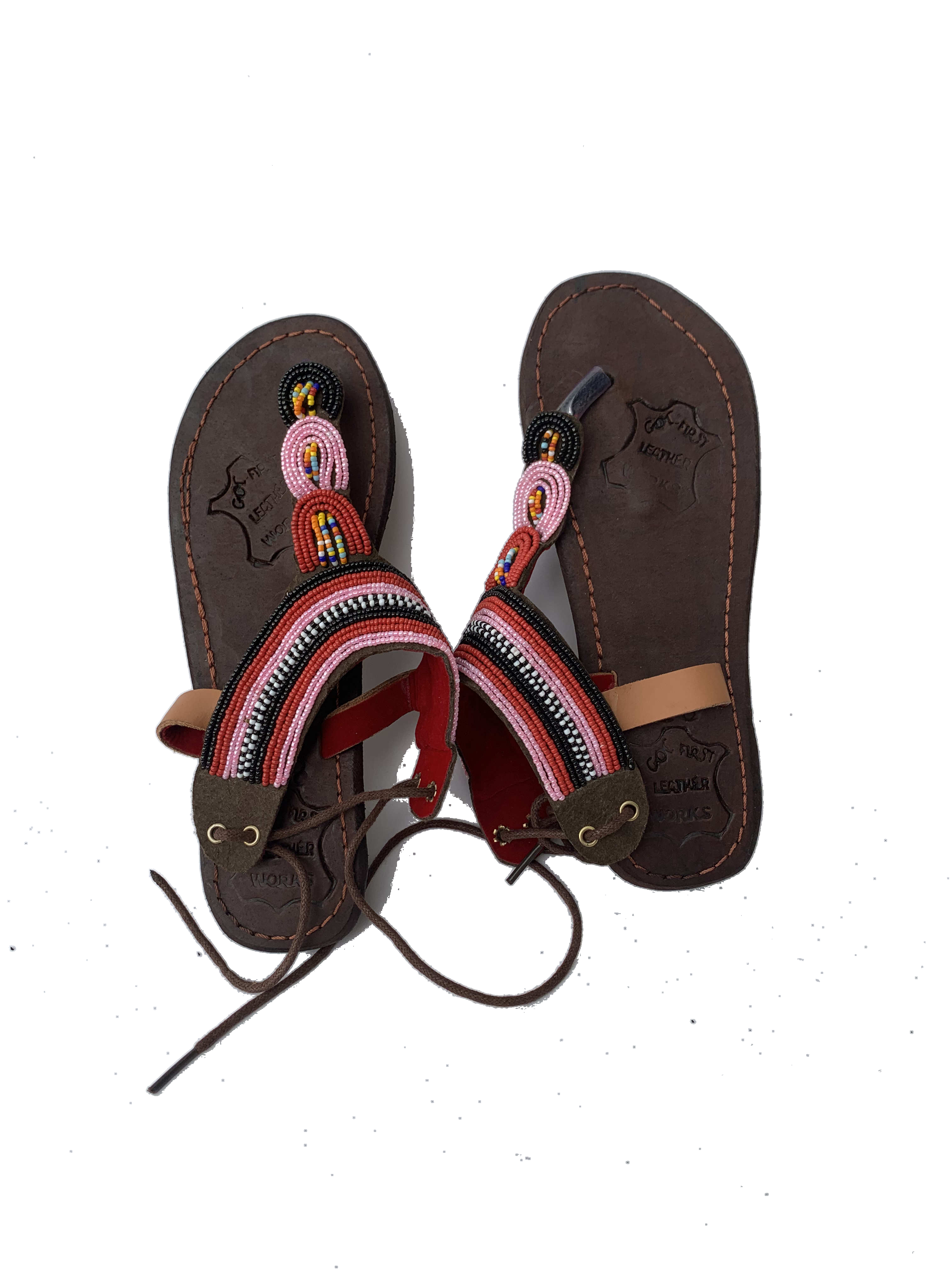 Aflao Candy Sandals — handmade red, white, stripe, leather beaded leather sandals by Rama, Ghana glass beads, Duncan BC