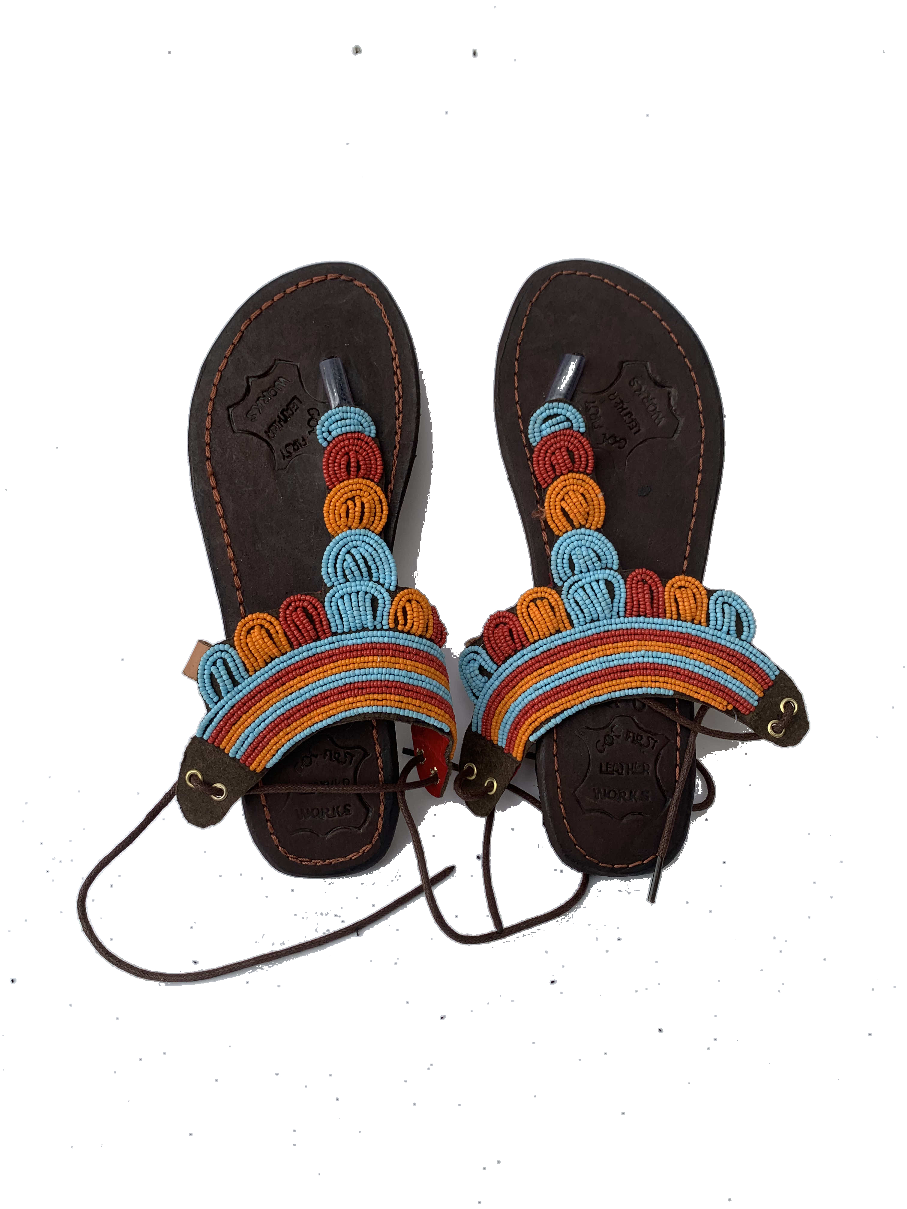Yendi Garden Sandals — handmade multicolor, floral, leather beaded leather sandals by Rama, Ghana glass beads, Duncan BC