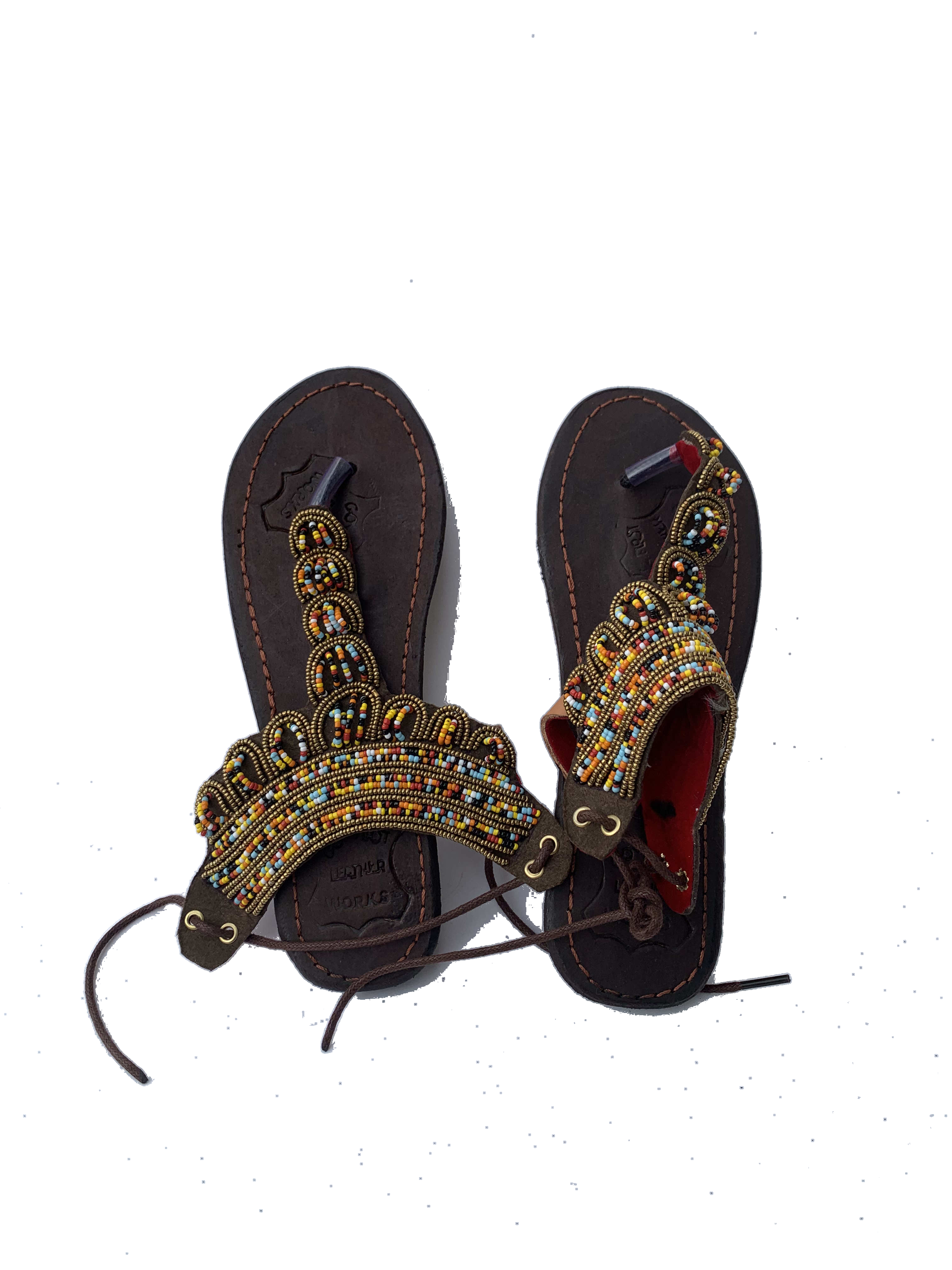 Obuasi Gilded Sandals — handmade gold, red, sequin, leather beaded leather sandals by Rama, Ghana glass beads, Duncan BC