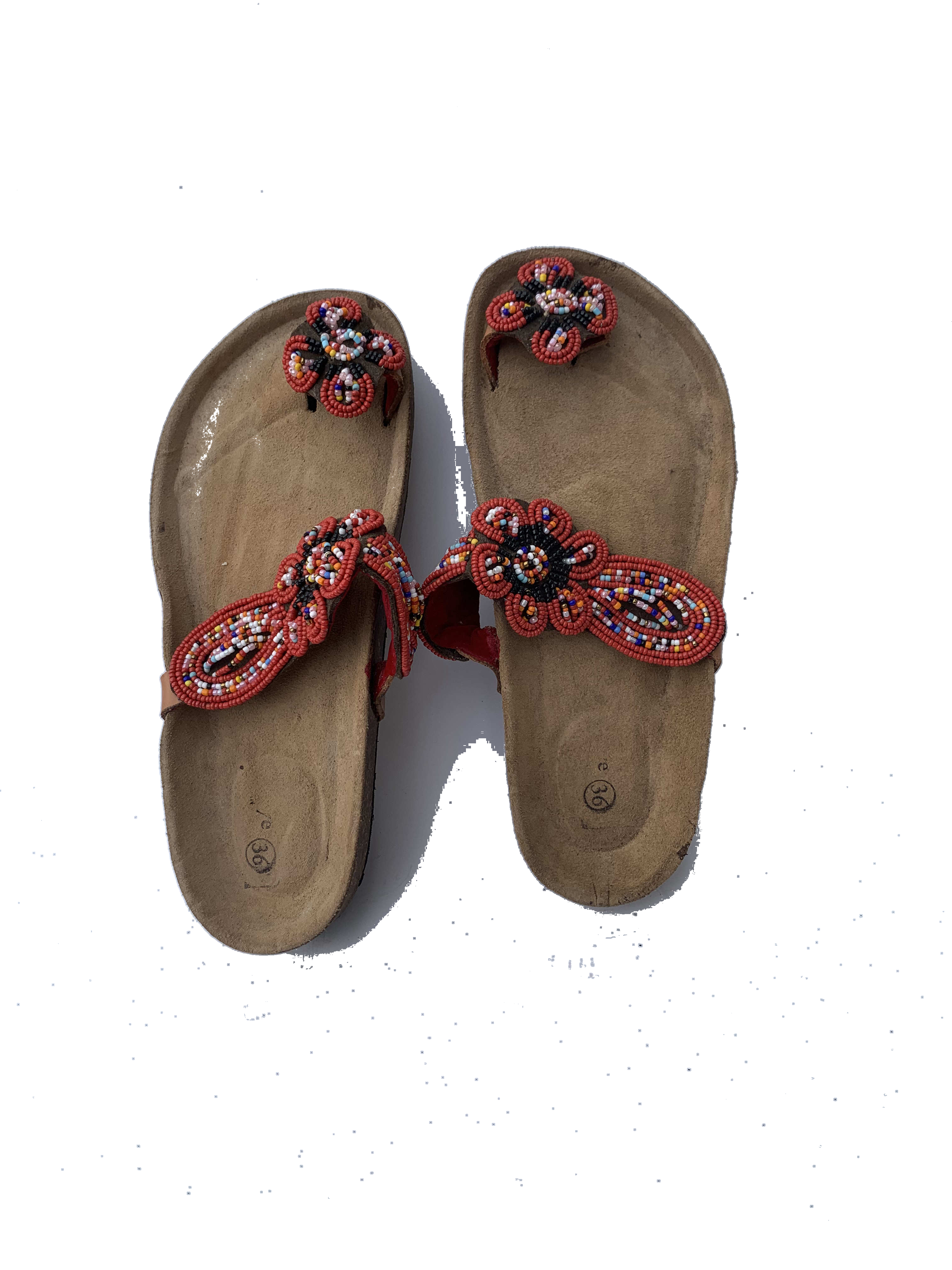 Techiman Meadow Sandals — handmade multicolor, floral, leather beaded leather sandals by Rama, Ghana glass beads, Duncan BC