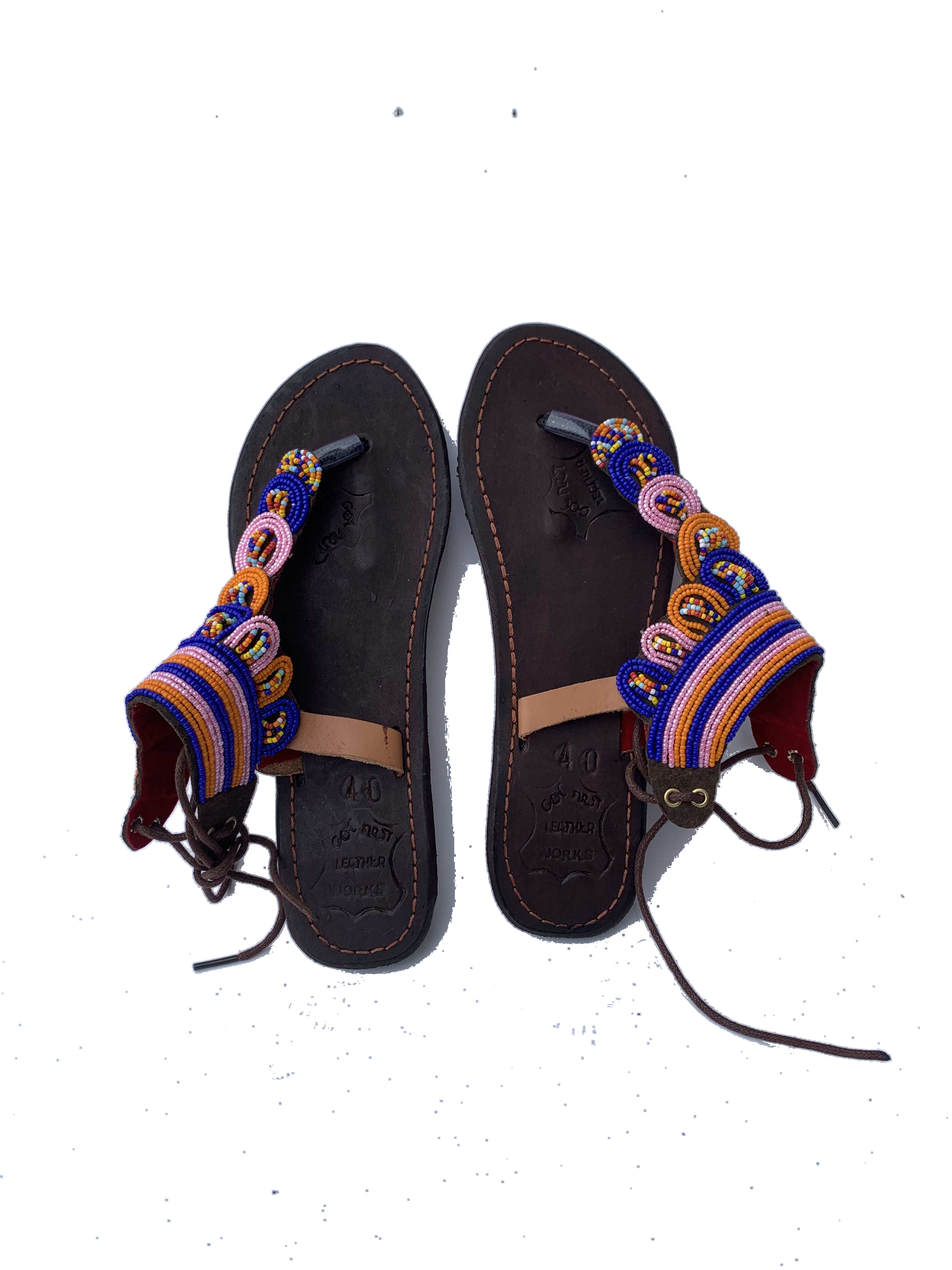 Nkawkaw Carnival Sandals — handmade multicolor, leather beaded leather sandals by Rama, Ghana glass beads, Duncan BC