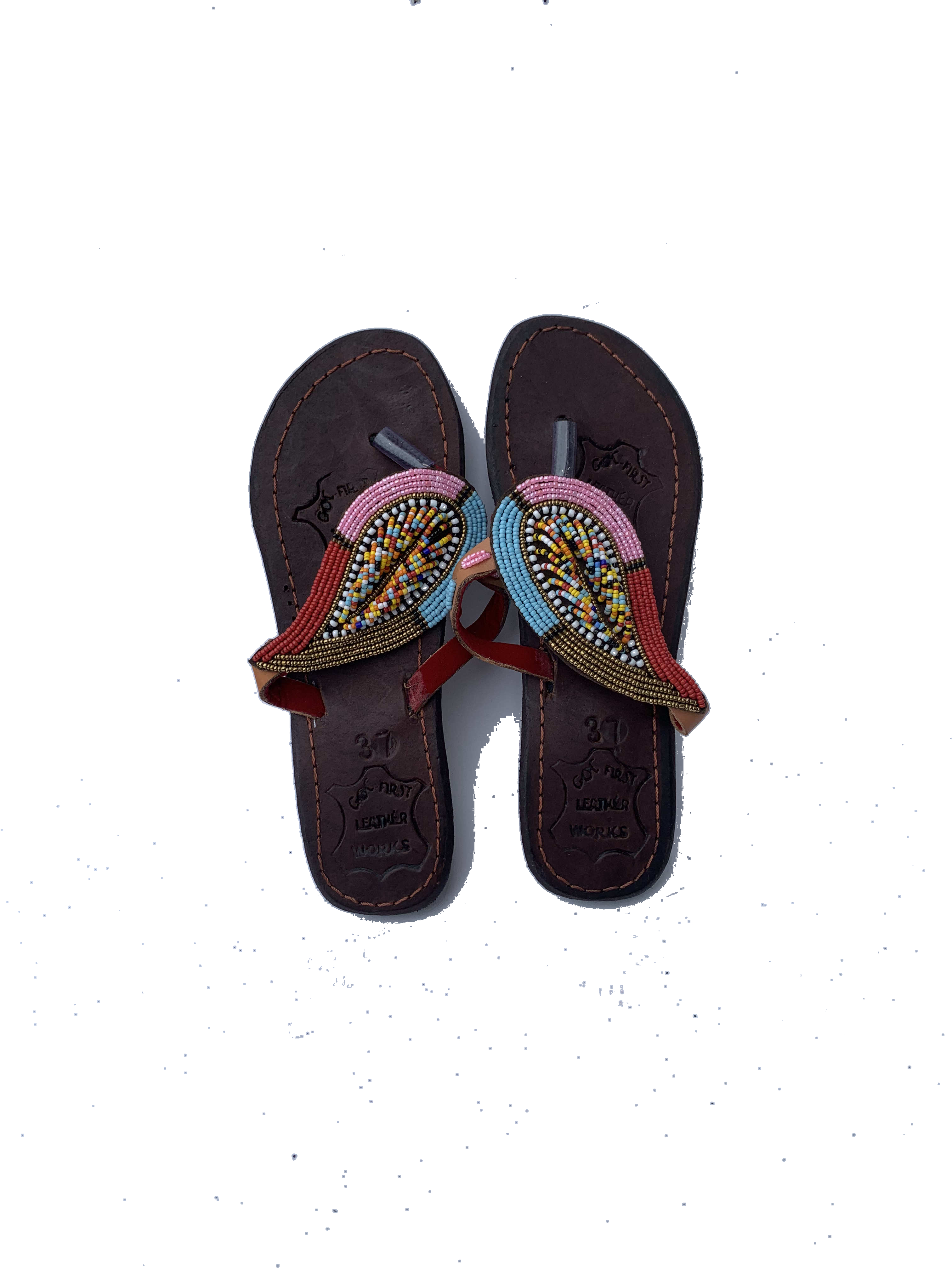 Berekum Rosewater Sandals — handmade pink, floral, leather beaded leather sandals by Rama, Ghana glass beads, Duncan BC