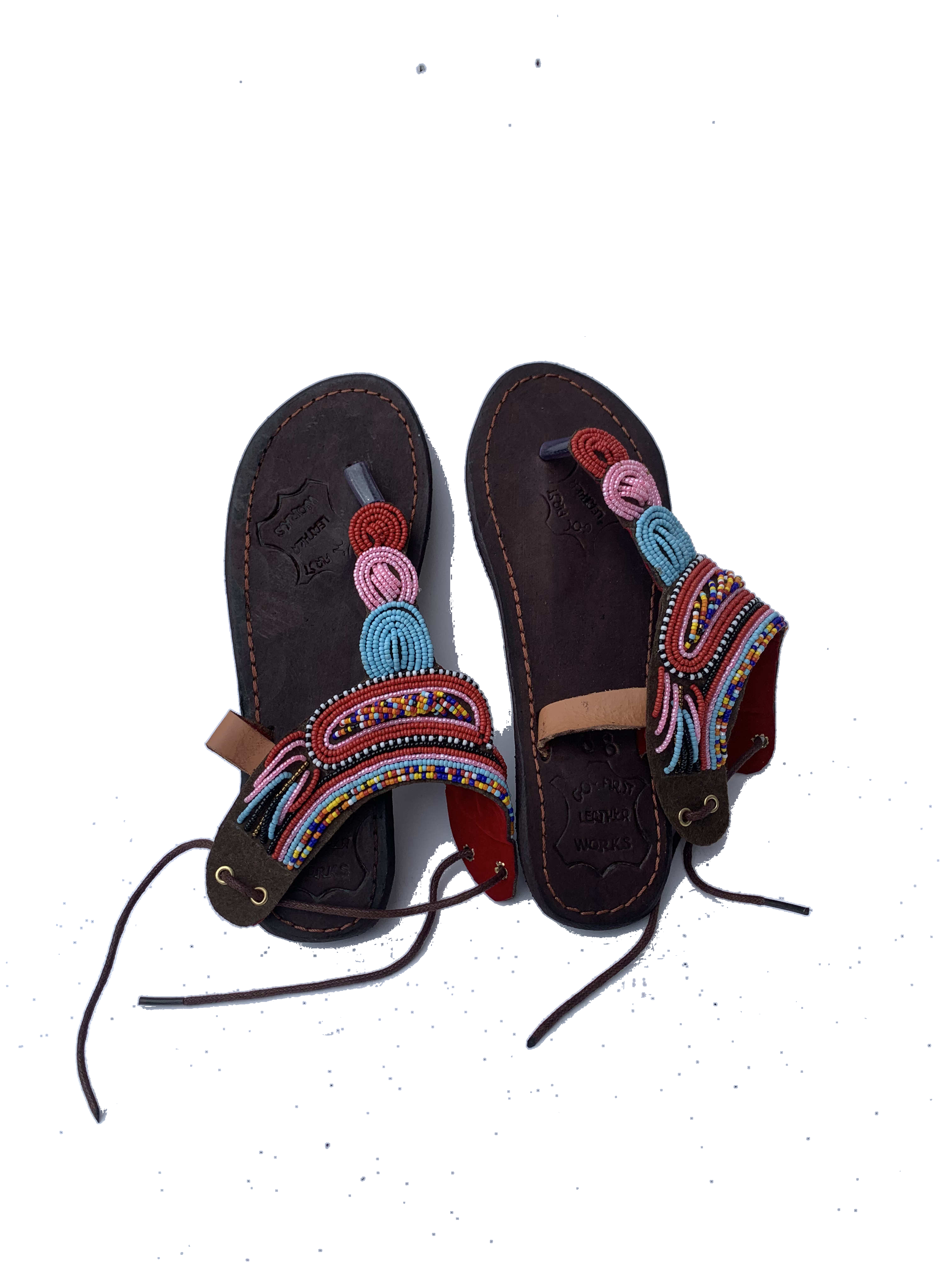 Dunkwa Marigold Sandals — handmade orange, multicolor, leather beaded leather sandals by Rama, Ghana glass beads, Duncan BC