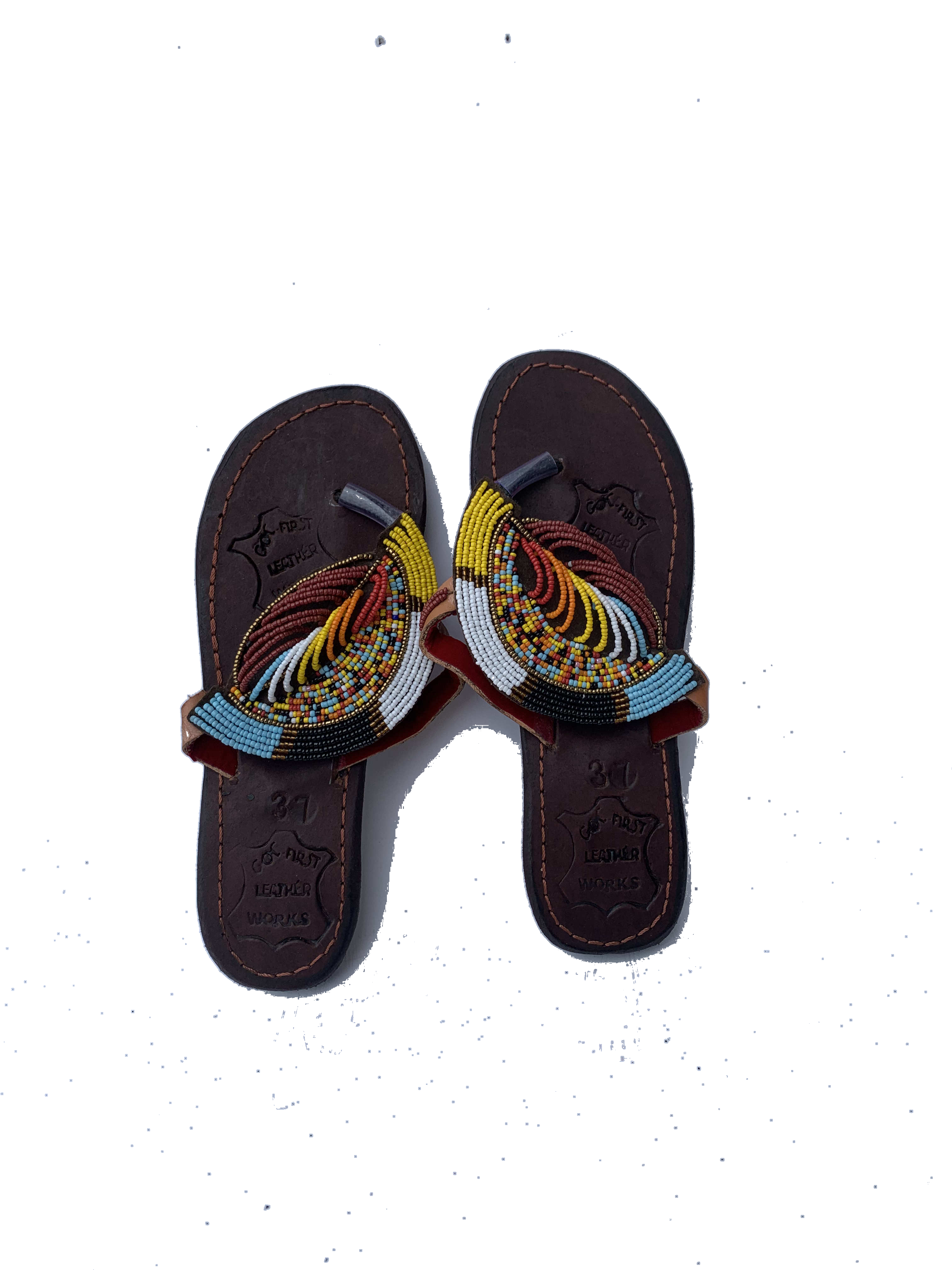 Prestea Lime Sandals — handmade yellow, green, lime, leather beaded leather sandals by Rama, Ghana glass beads, Duncan BC