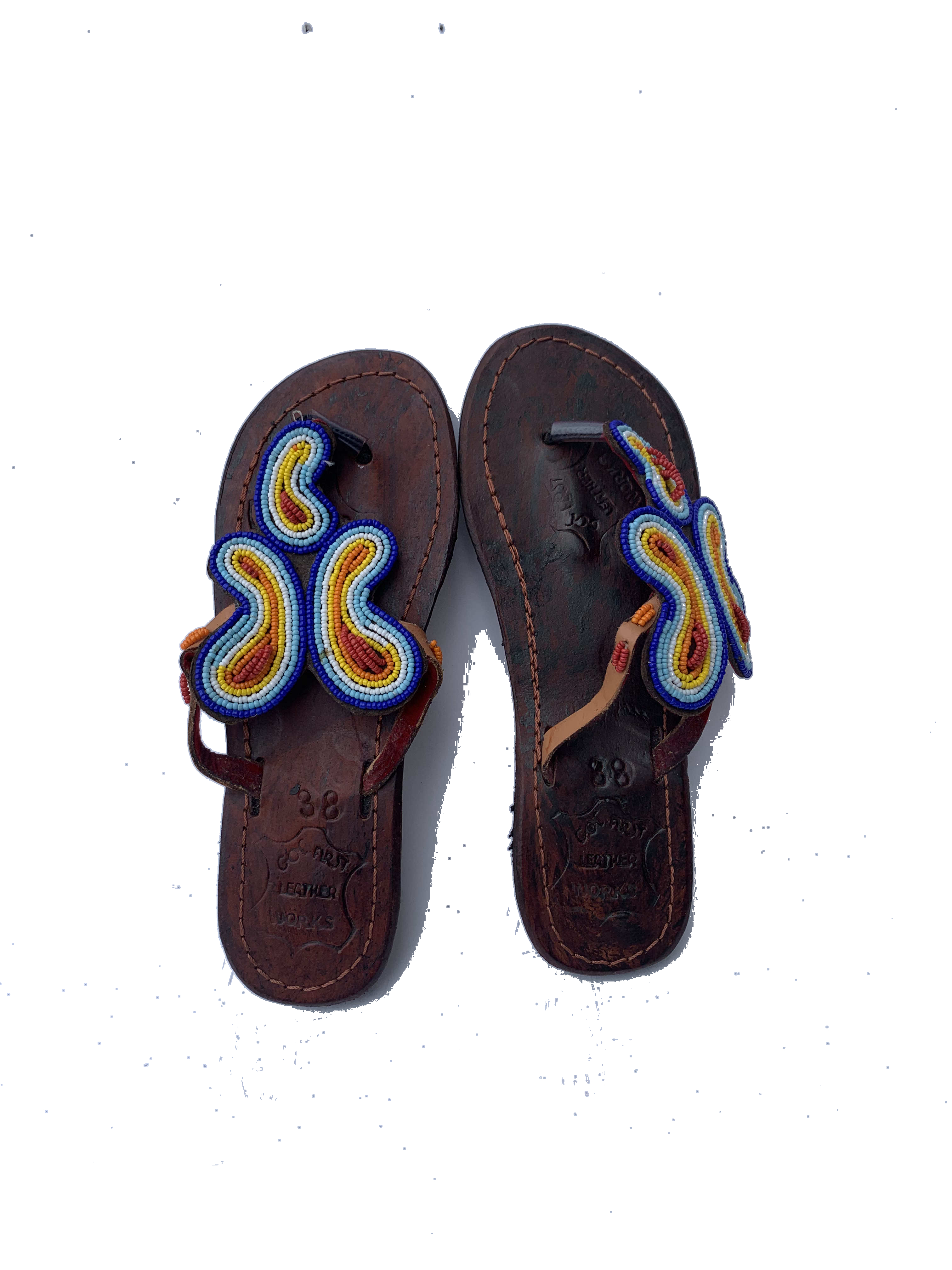 Hohoe Riverbank Sandals — handmade blue, yellow, swirl, leather beaded leather sandals by Rama, Ghana glass beads, Duncan BC