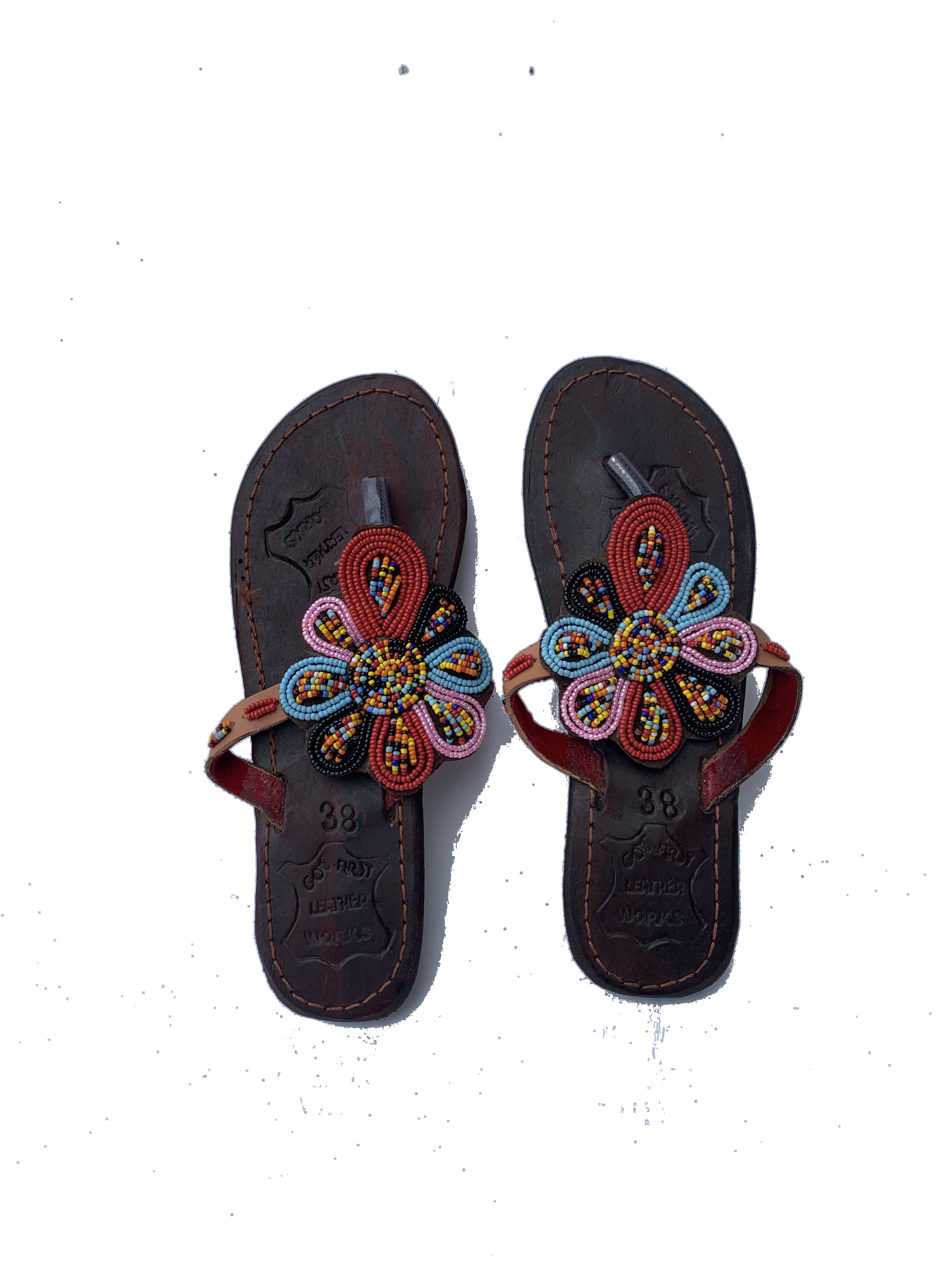 Kintampo Poppy Sandals — handmade red, floral, leather beaded leather sandals by Rama, Ghana glass beads, Duncan BC