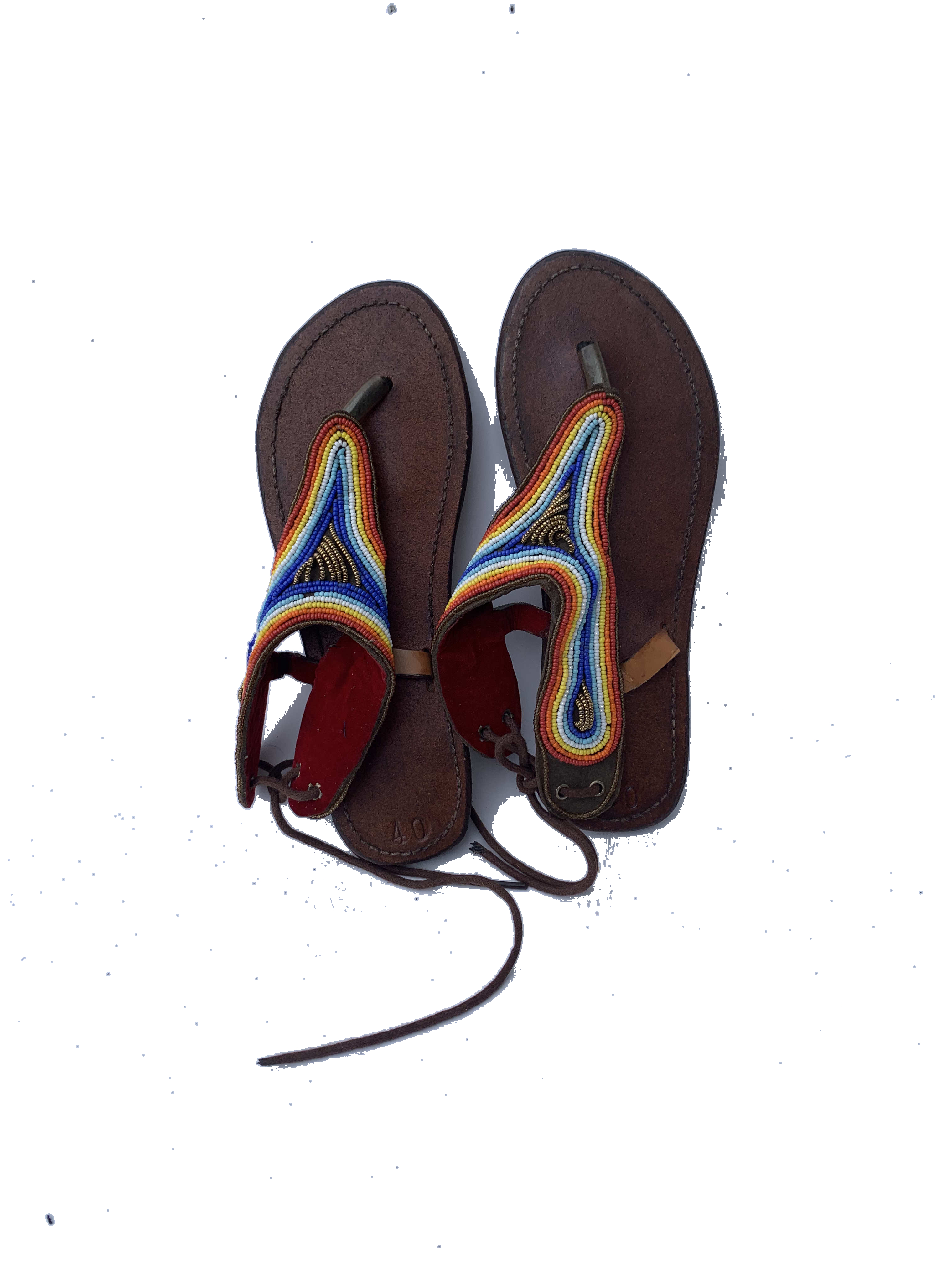 Damongo Tribal Sandals — handmade blue, yellow, red, tribal beaded leather sandals by Rama, Ghana glass beads, Duncan BC