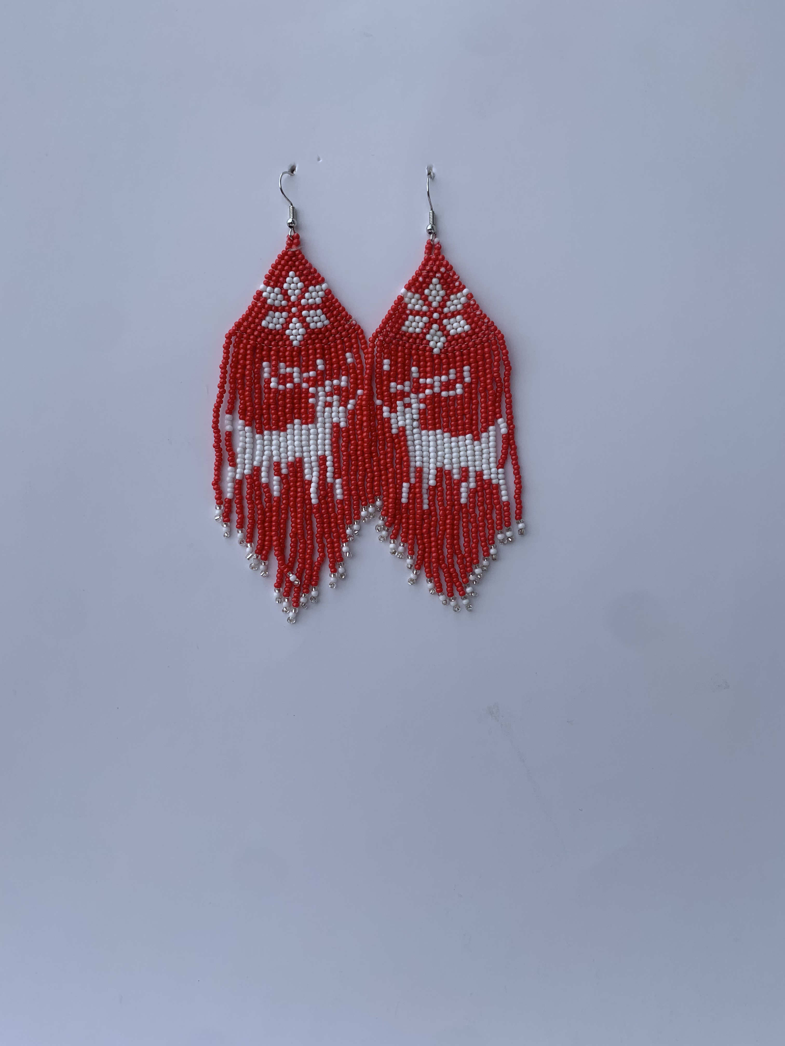 Konongo Snowflake Fringe — handmade red, white beaded fringe earrings by Rama, Ghana, Duncan BC