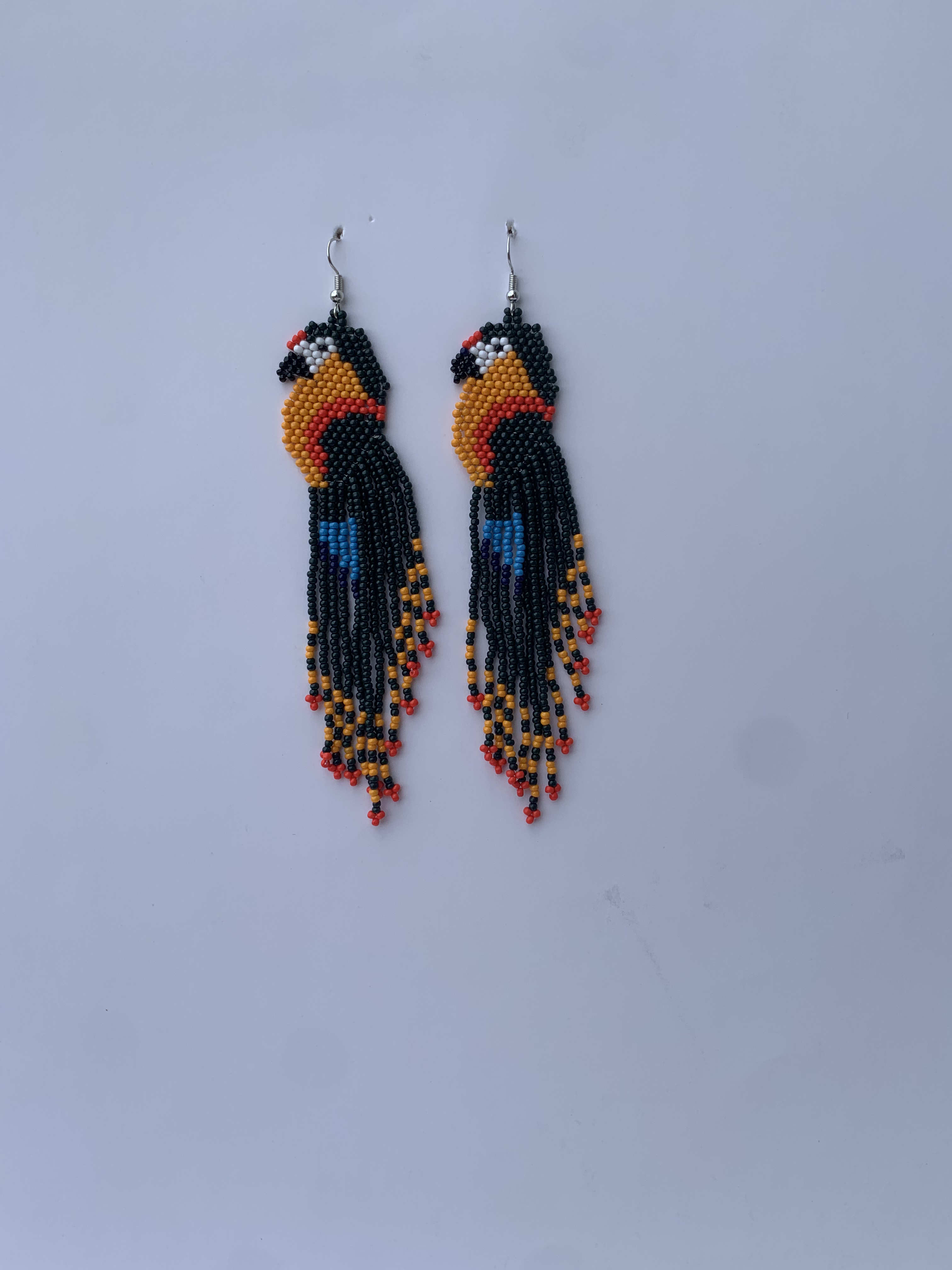 Swedru Macaw Fringe — handmade orange, blue, black beaded fringe earrings by Rama, Ghana, Duncan BC