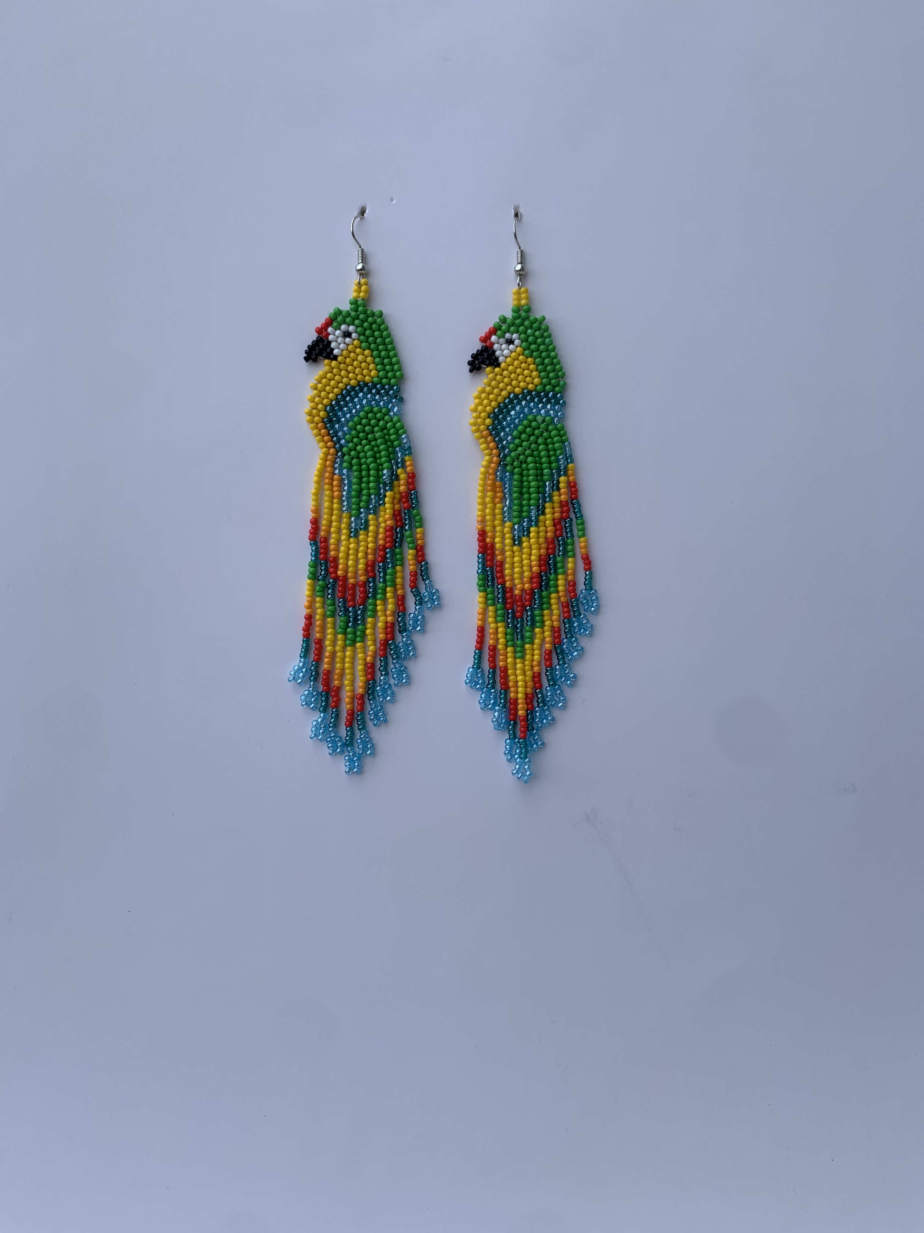 Kasoa Parrot Fringe — handmade green, yellow, blue beaded fringe earrings by Rama, Ghana, Duncan BC