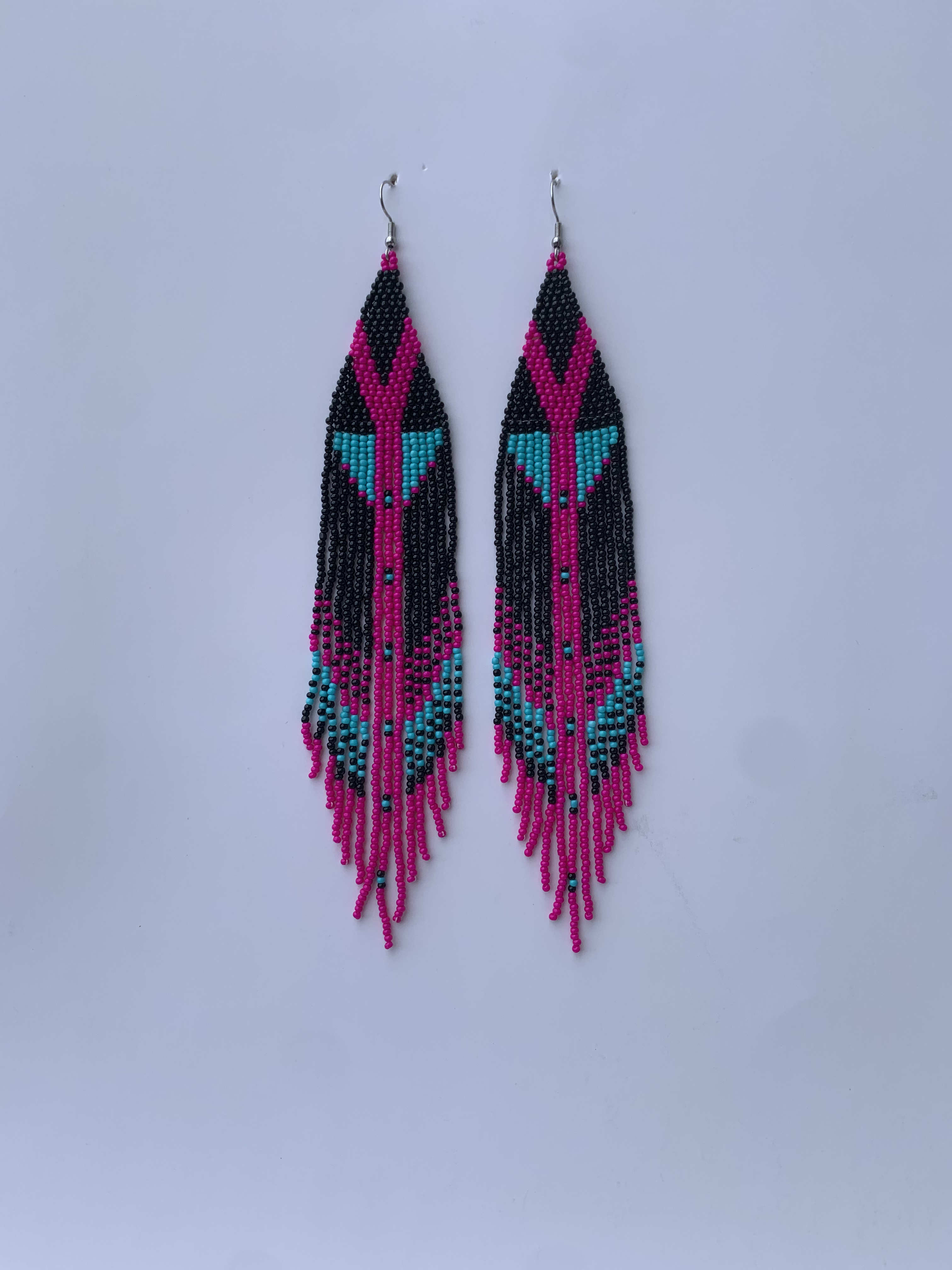 Mankessim Orchid Feather — handmade black, magenta, teal beaded fringe earrings by Rama, Ghana, Duncan BC