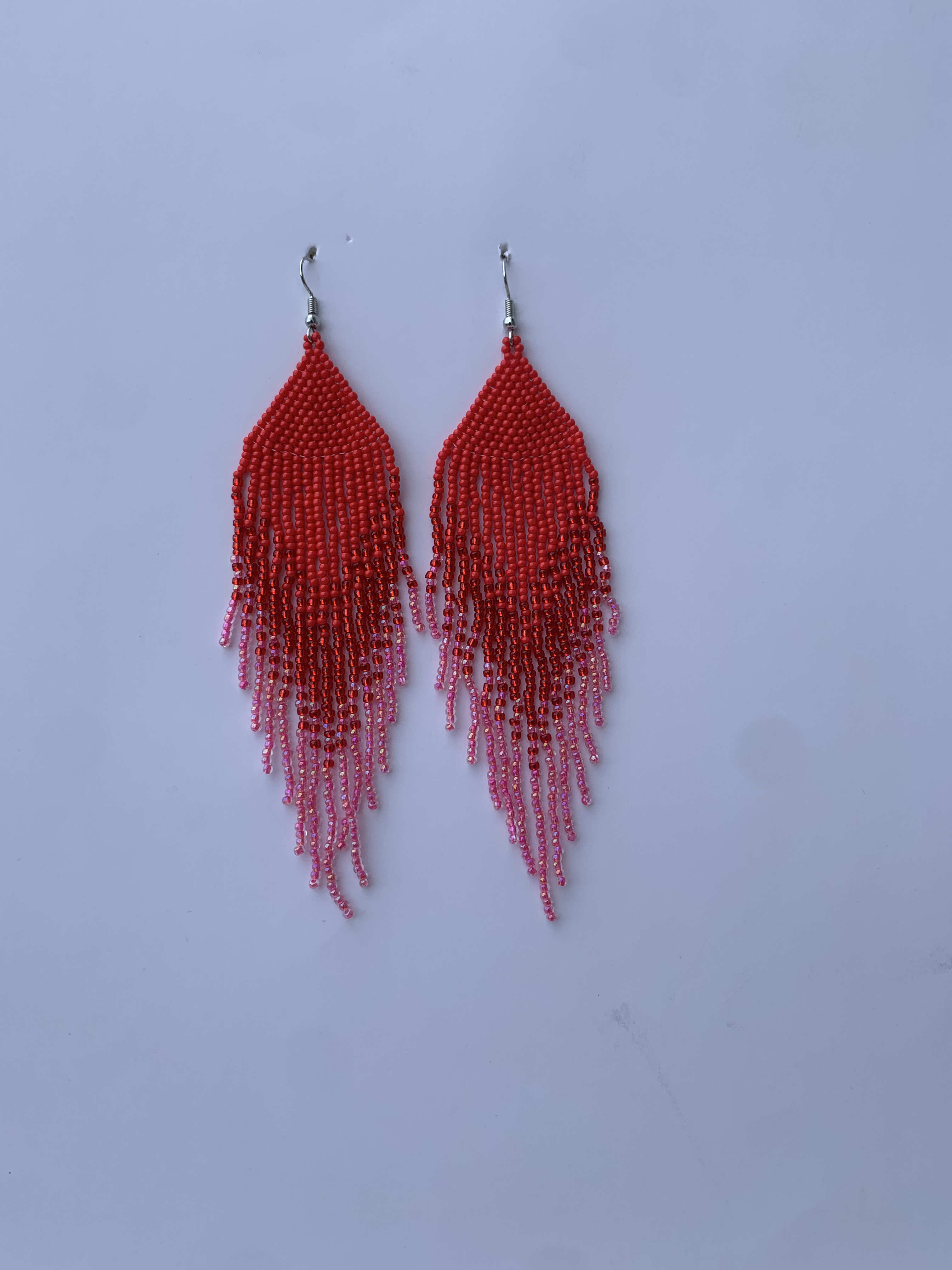 Saltpond Coral Feather — handmade red, pink, coral beaded fringe earrings by Rama, Ghana, Duncan BC